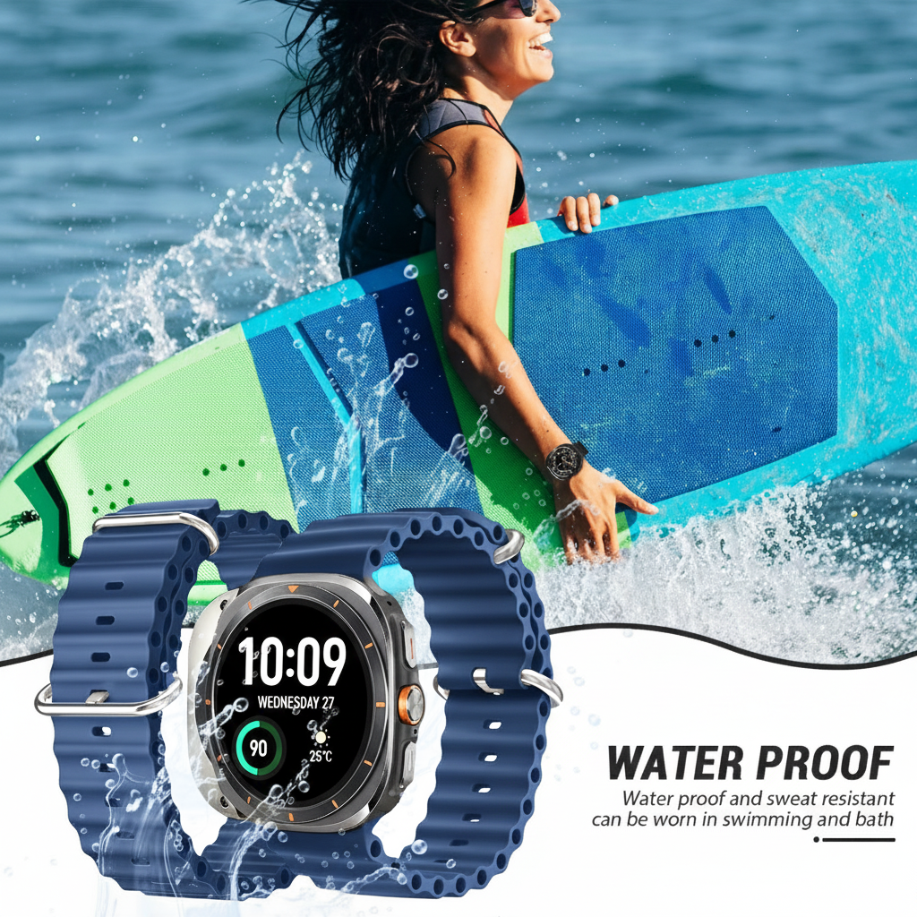 Eine Frau mit Surfbrett im Wasser, eine blaue Smartwatch im Vordergrund.