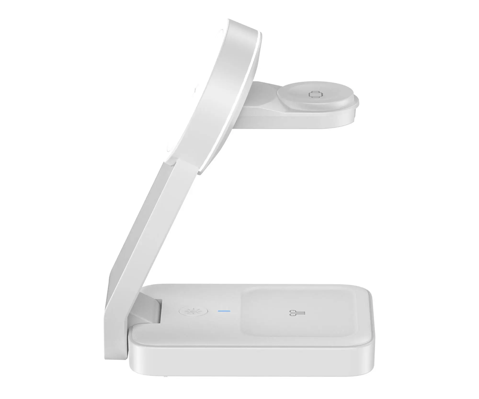 Ein weißes 3-in-1-Ladegerät mit integriertem Ringlicht und Handyhalter.