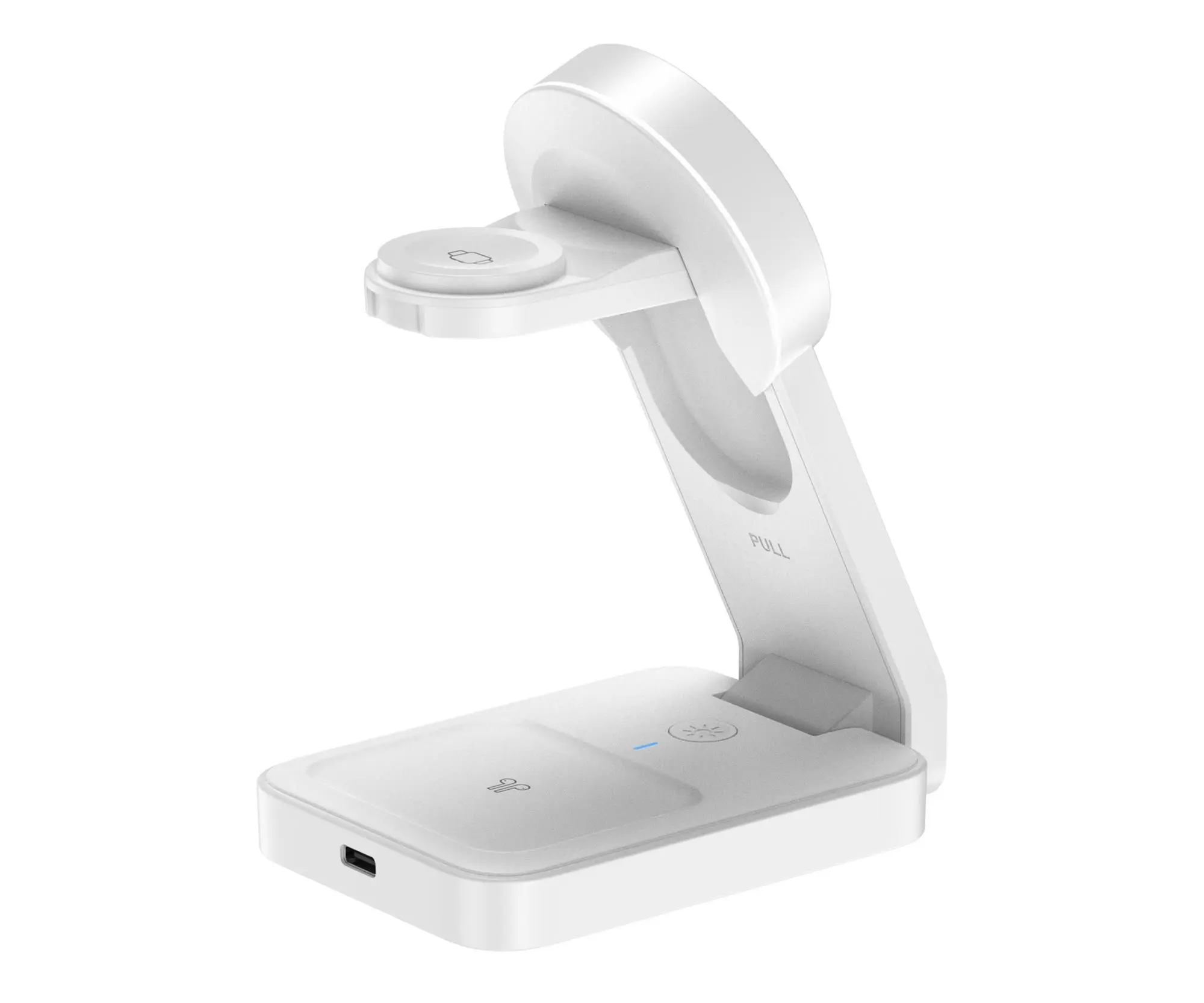 Ein weißes Ladegerät für Mobiltelefone mit einem USB-Anschluss und Ladesymbol.