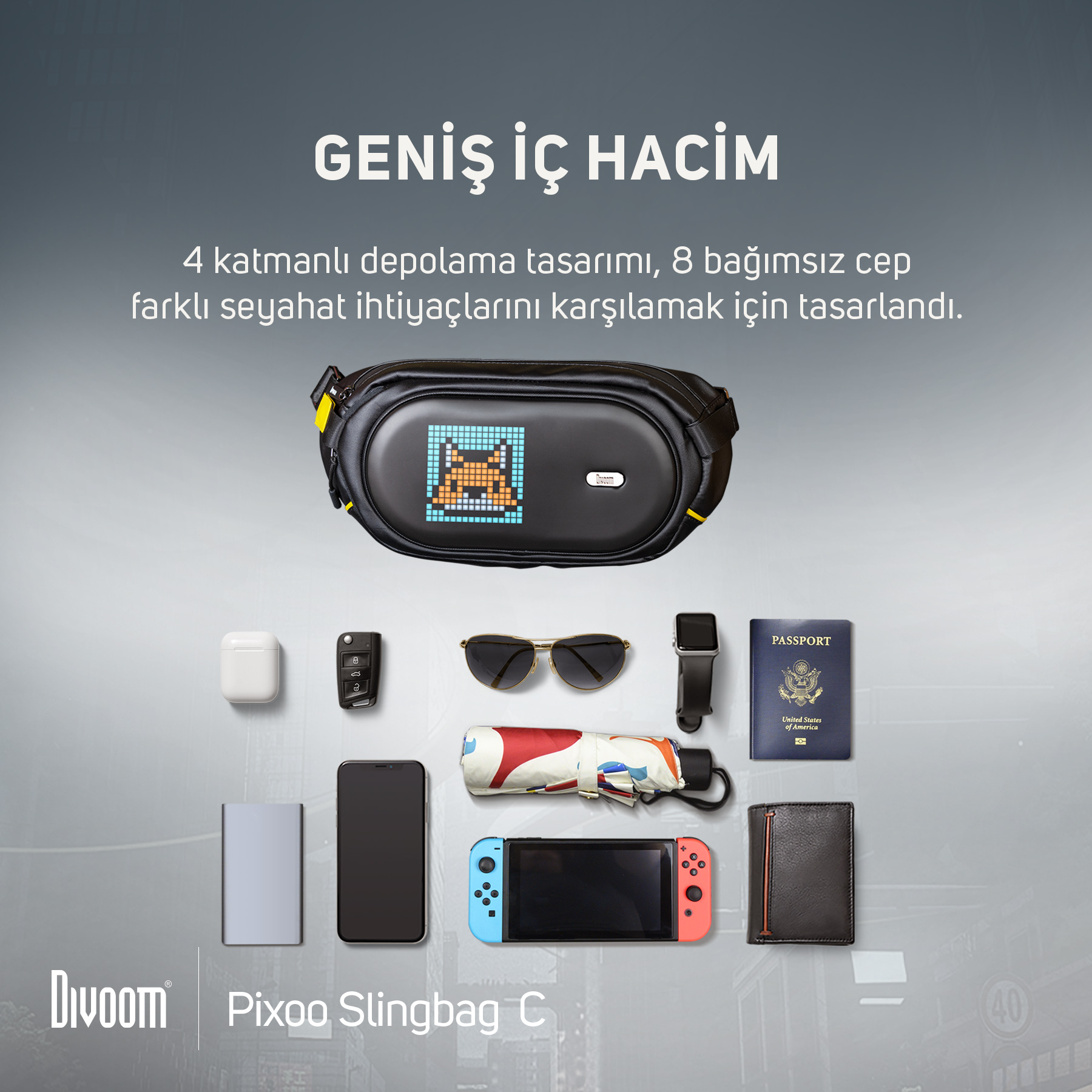DIVOOM Pixoo Slingbag-C Ledli Ekran APP Kontrollü Çapraz Bel Çantası Siyah