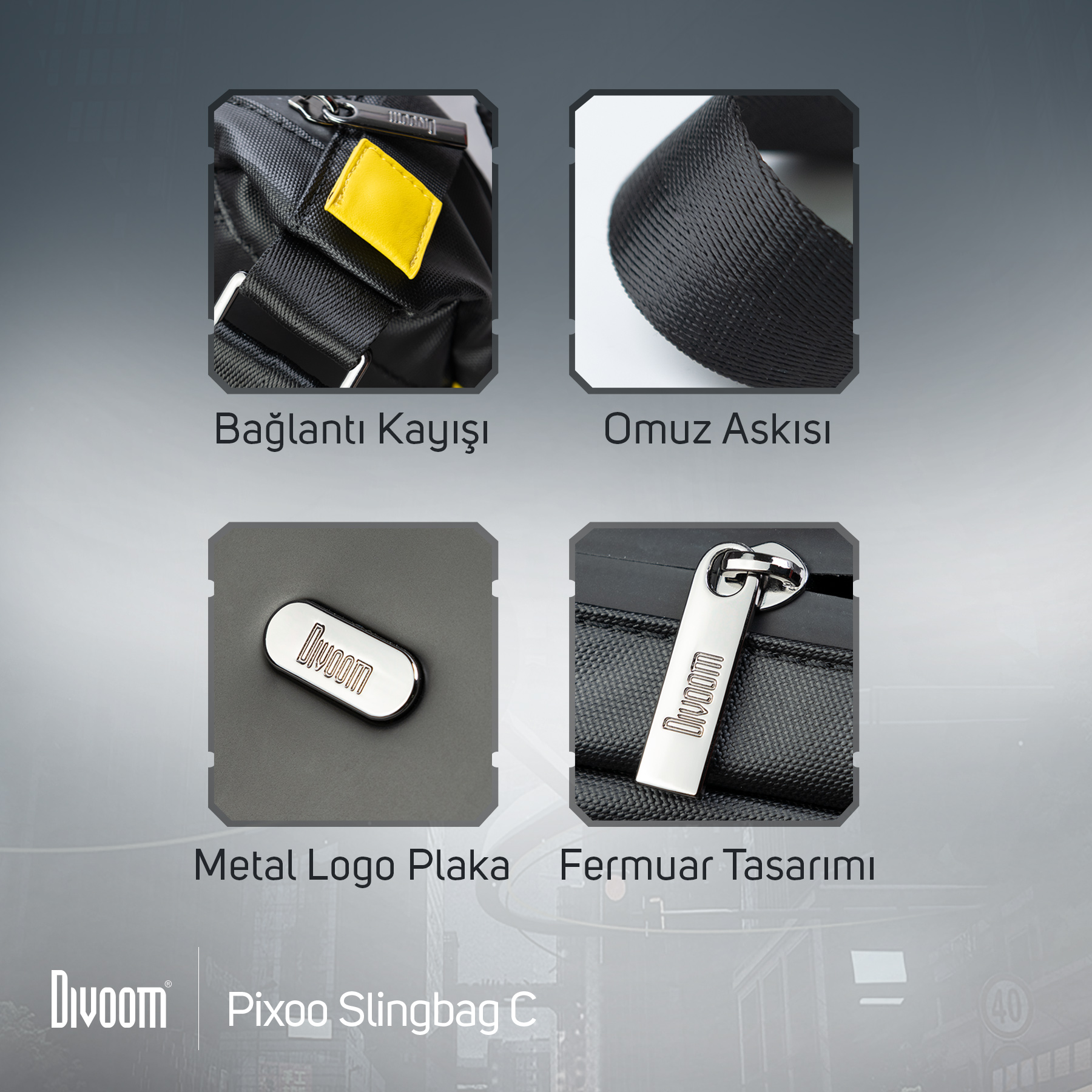 Siyah Divoom Pixoo Slingbag C çantasının dört yakın çekimi: kayış, logo, fermuar.