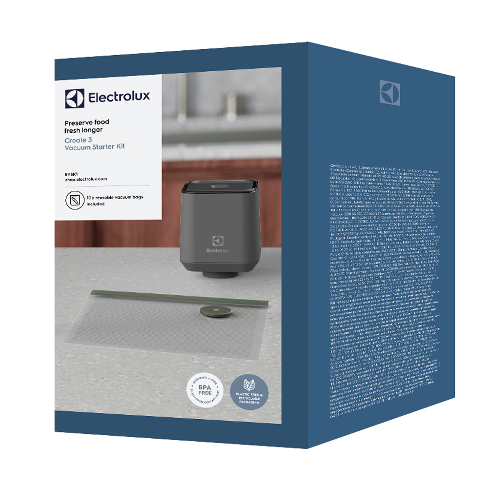 Electrolux vakum başlatıcı kit, tezgah üzerinde torbalarla.