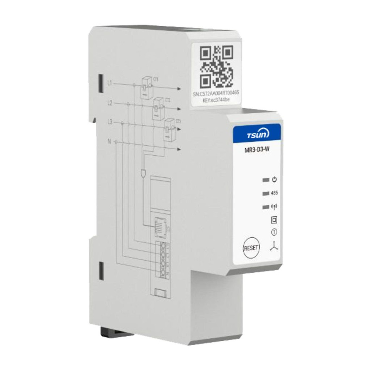 A white TSUN MR3-D3-W device with wiring diagrams and icons.