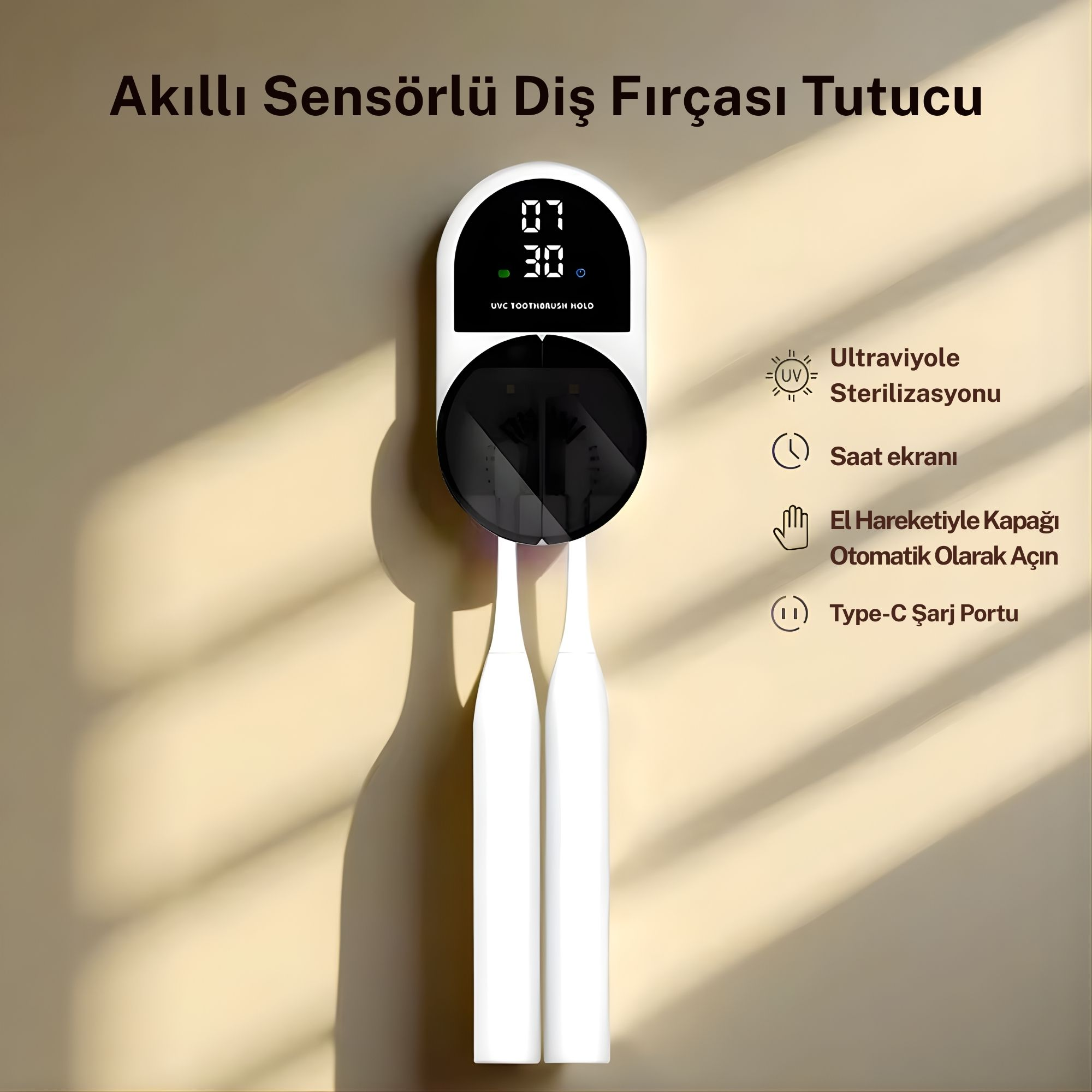 Beyaz UVC diş fırçası tutucu, dijital ekranlı, iki fırça kapasiteli.