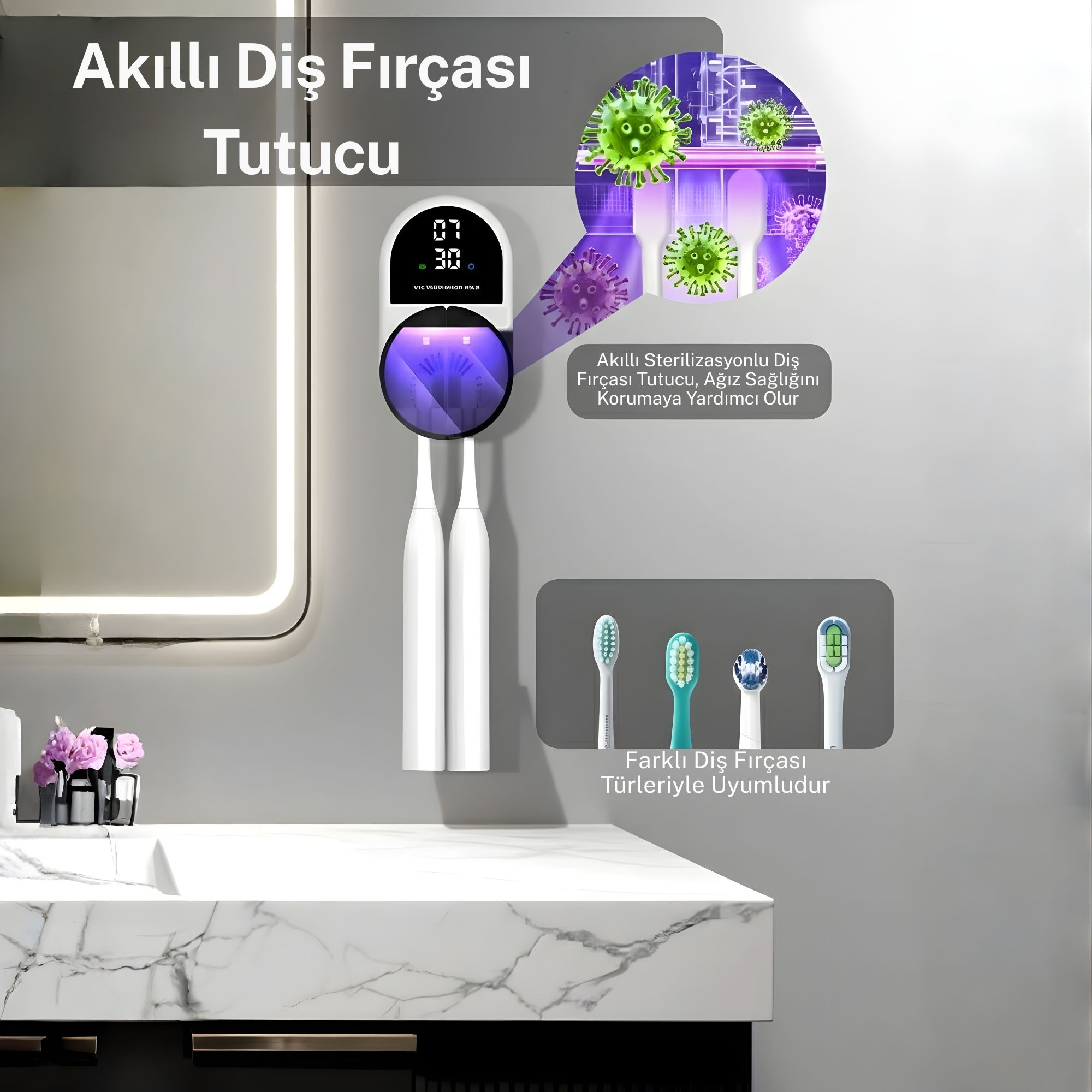 UV sterilizasyonlu akıllı diş fırçası tutucu, çeşitli fırça başlıklarıyla uyumlu.