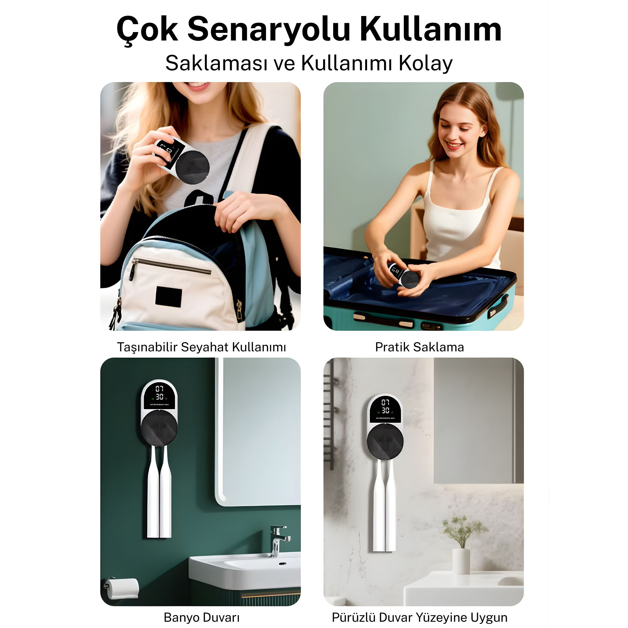 Dört resim, farklı senaryolarda bir diş fırçası tutacağını gösteriyor.