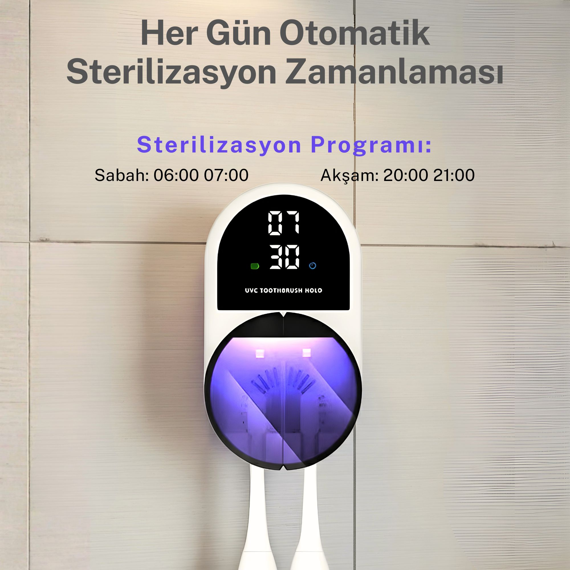 07:30 dijital göstergeli, UVC ışıklı beyaz diş fırçası tutucu.