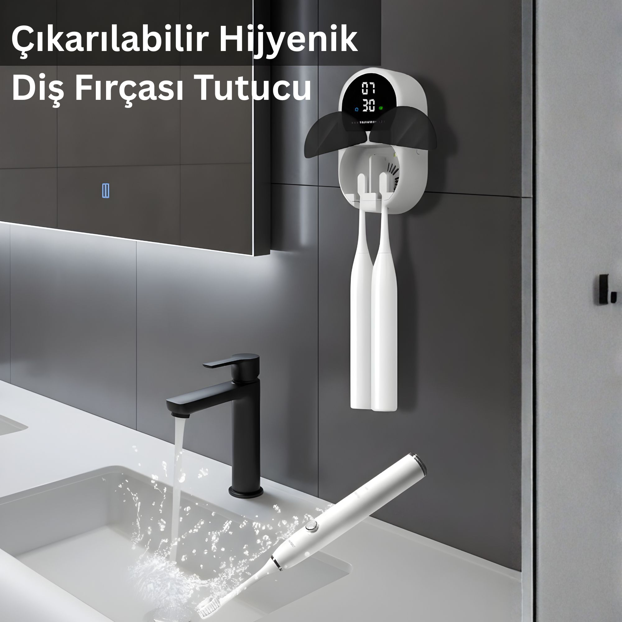 İki diş fırçası olan beyaz diş fırçası tutucu, lavabonun üzerindeki karanlık duvara asılıdır.