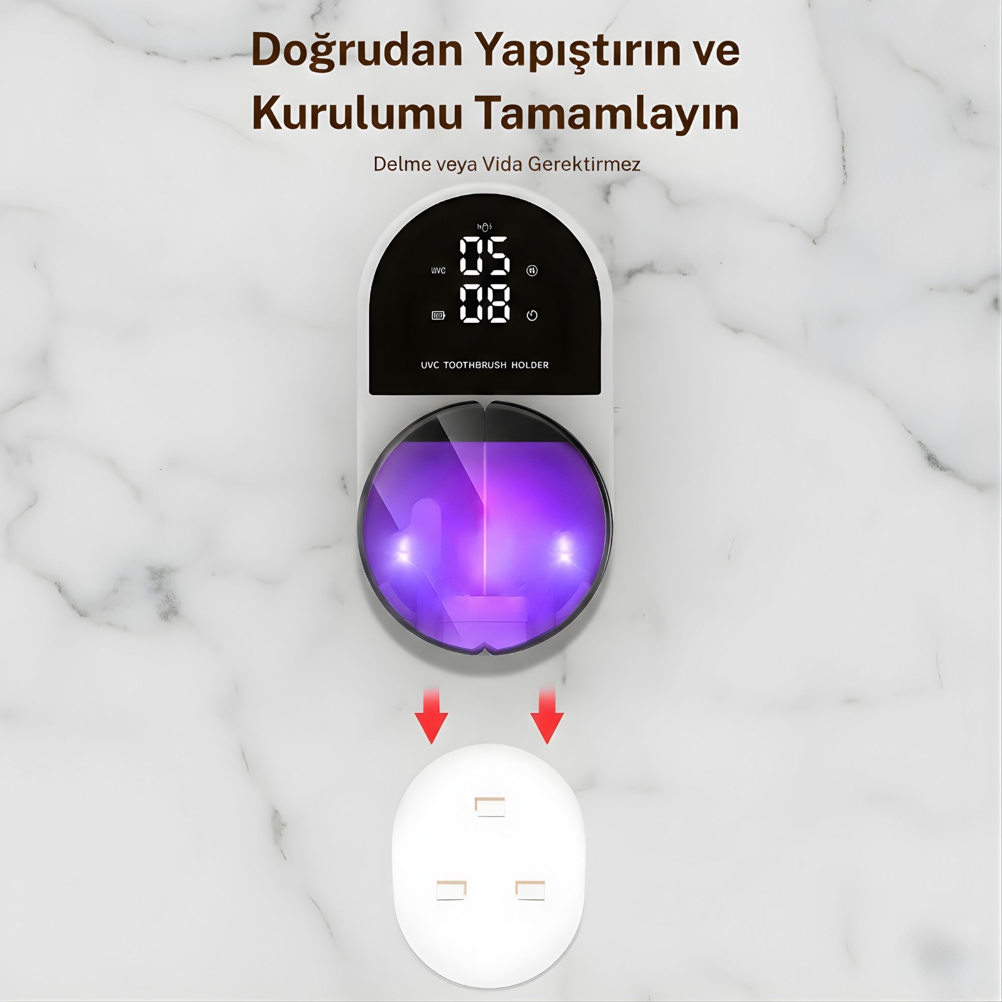 Yuvarlak, mor ışıklı hazneye ve dijital ekrana sahip beyaz UVC diş fırçası tutacağı.
