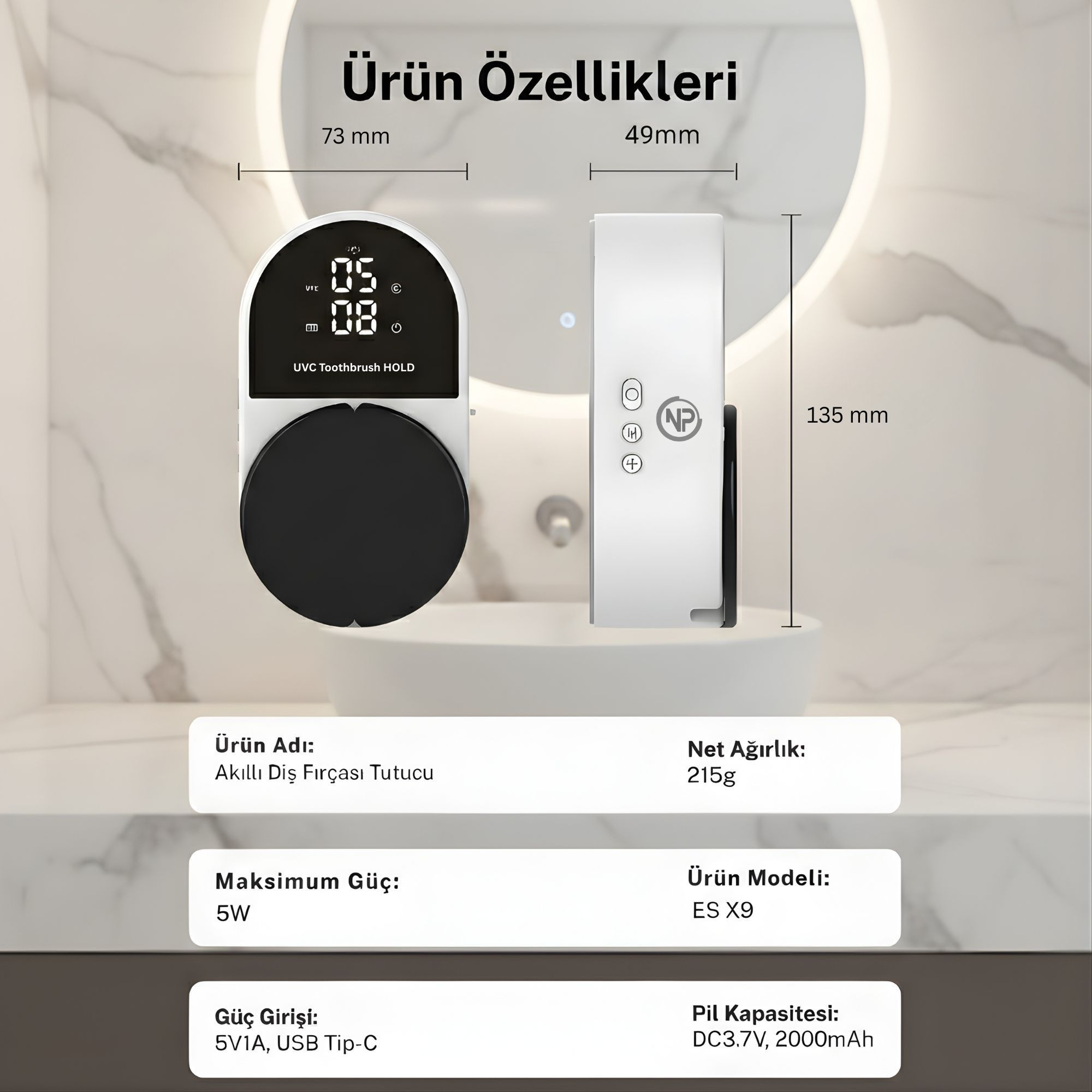 Dijital ekranı ve ölçüleri olan beyaz UVC diş fırçası tutucusu.