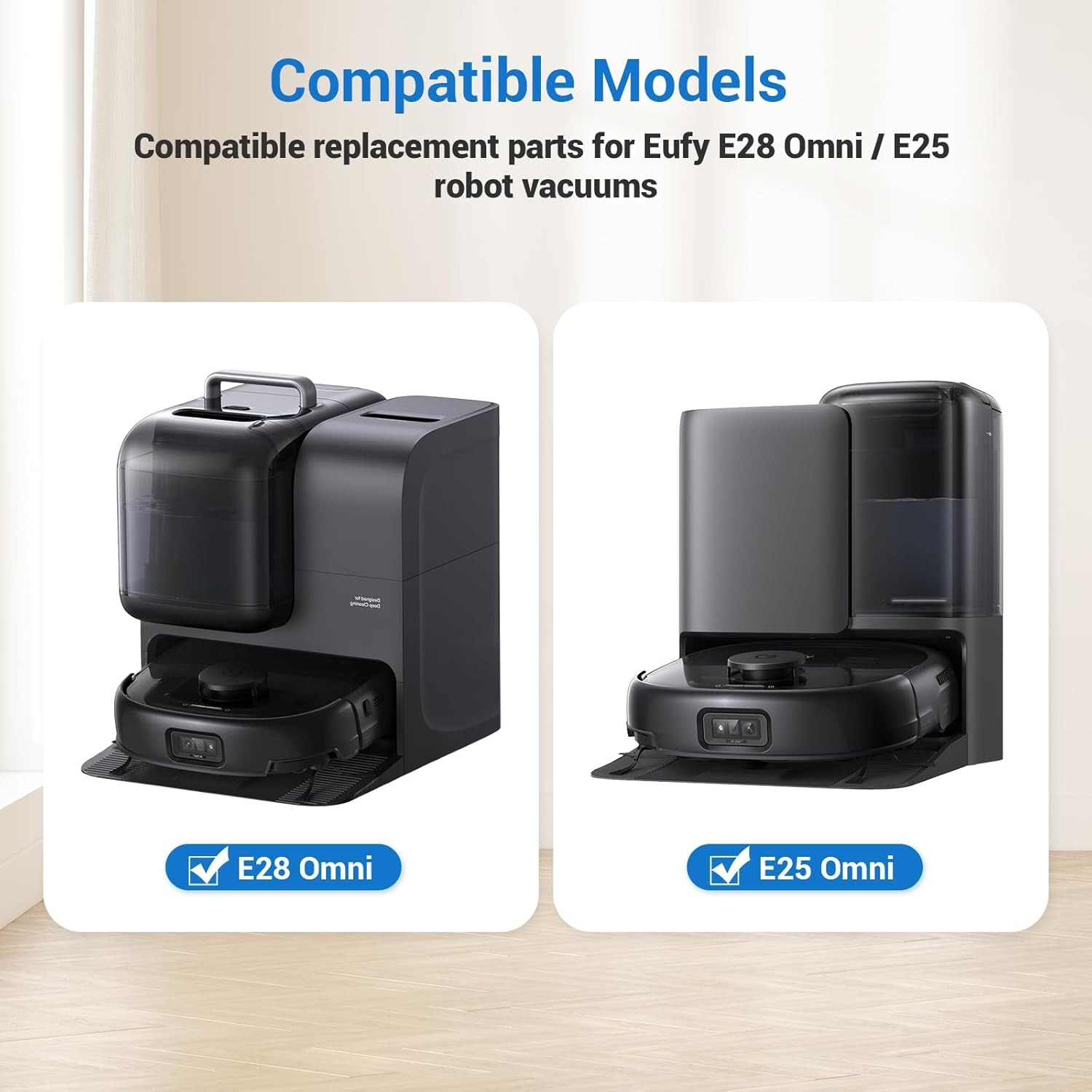 Twee zwarte robotstofzuiger docking stations naast elkaar. E28 Omni links, E25 Omni rechts.