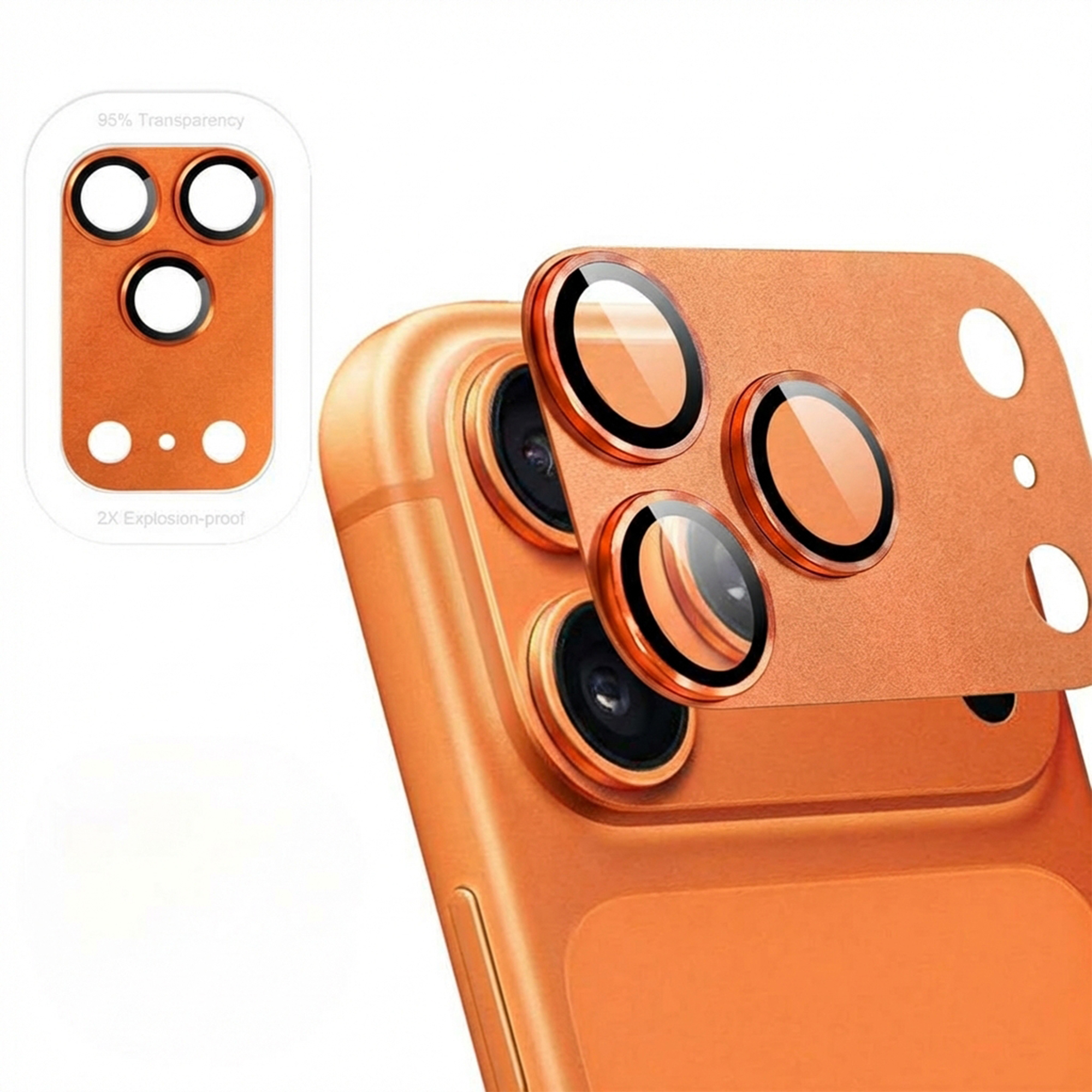 Oranje telefoonachterkant met drie cameralensbeschermers.