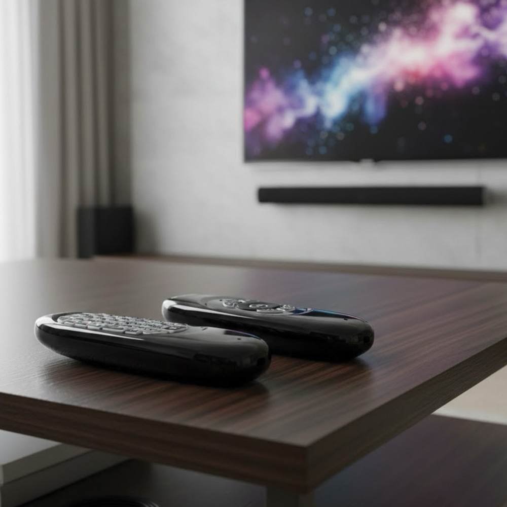 İki siyah uzaktan kumanda, büyük bir TV ekranının önündeki koyu ahşap masanın üzerinde duruyor.