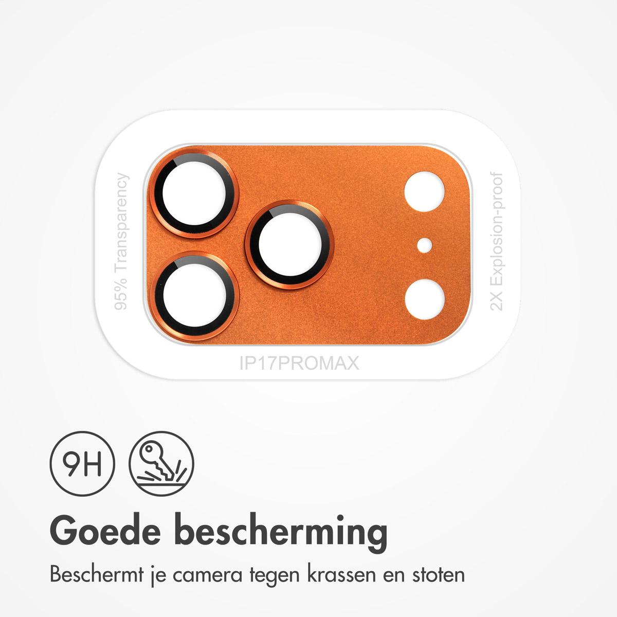 Oranje telefooncamerahoes met drie lenzen en 9H-bescherming.