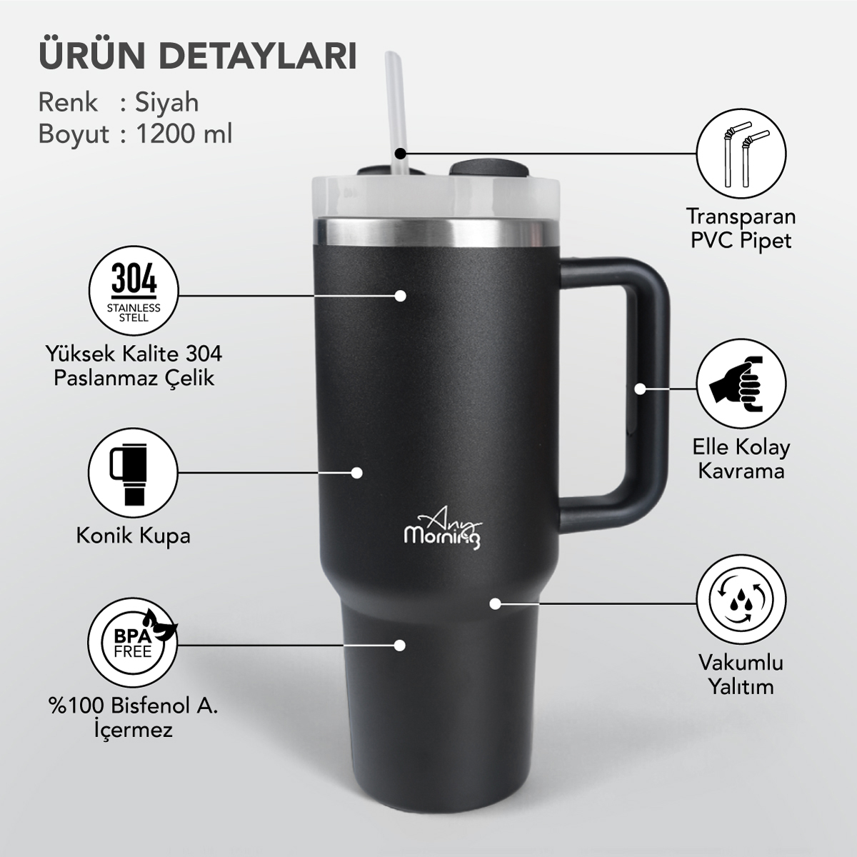Siyah 1200 ml paslanmaz çelik termos bardak, saplı, pipetli ve vakum yalıtımlı.