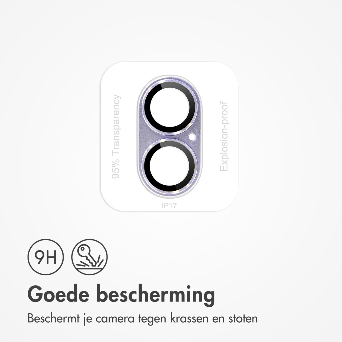 Displays a camera lens protector with 9H hardness and explosion proofing.