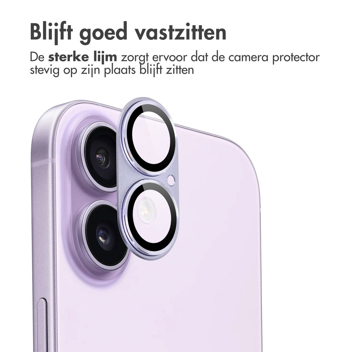 Close-up of a phone camera with a protector. Purple phone.