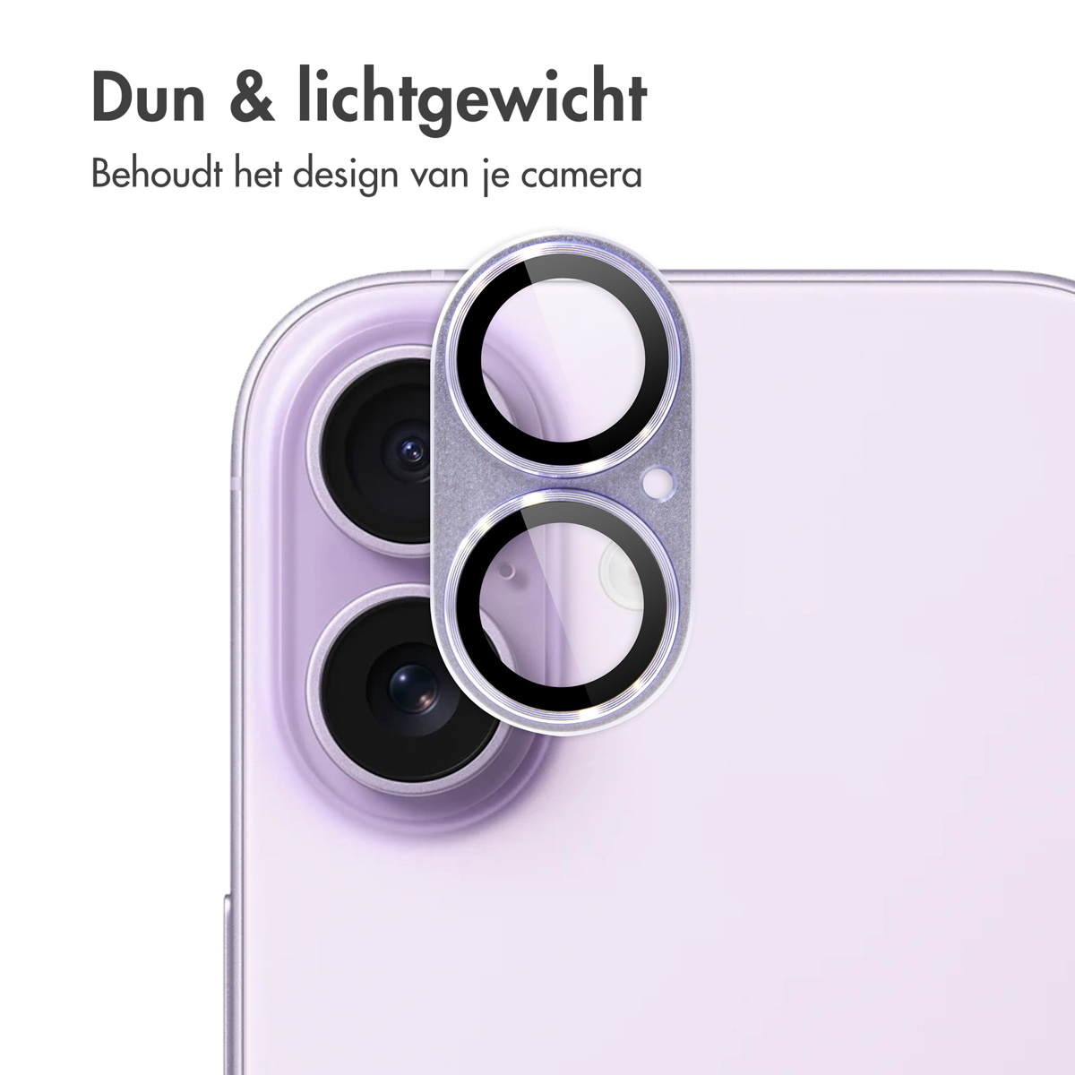 Close-up of a purple phone back with camera protector.
