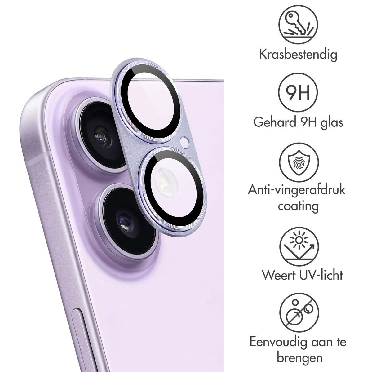 Close-up of a phone camera lens protector on a purple phone.
