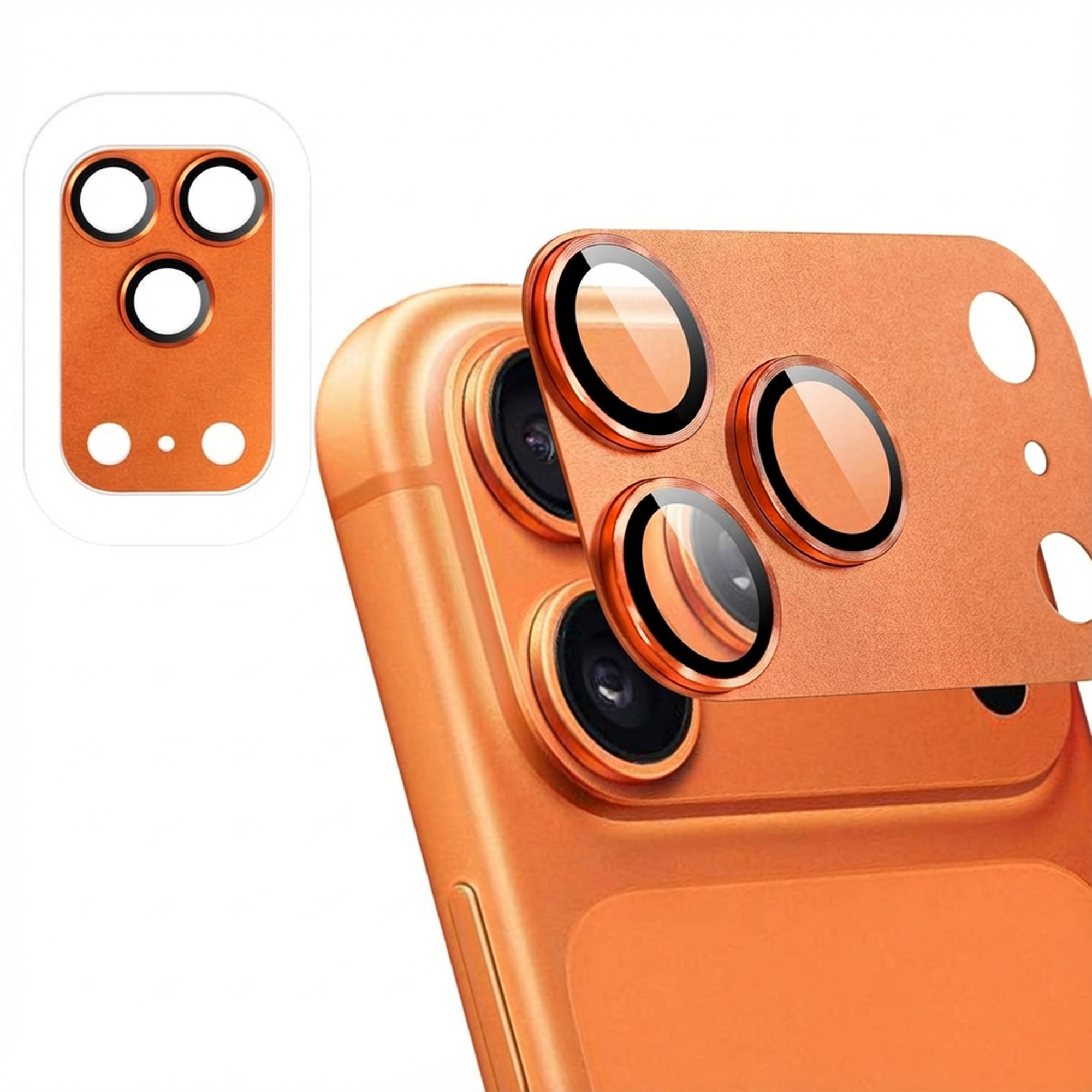 Protecteur d'écran orange pour objectif de caméra sur un téléphone.