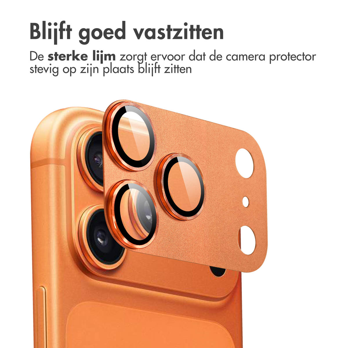 Arrière de téléphone orange avec protecteur d'objectif de caméra.
