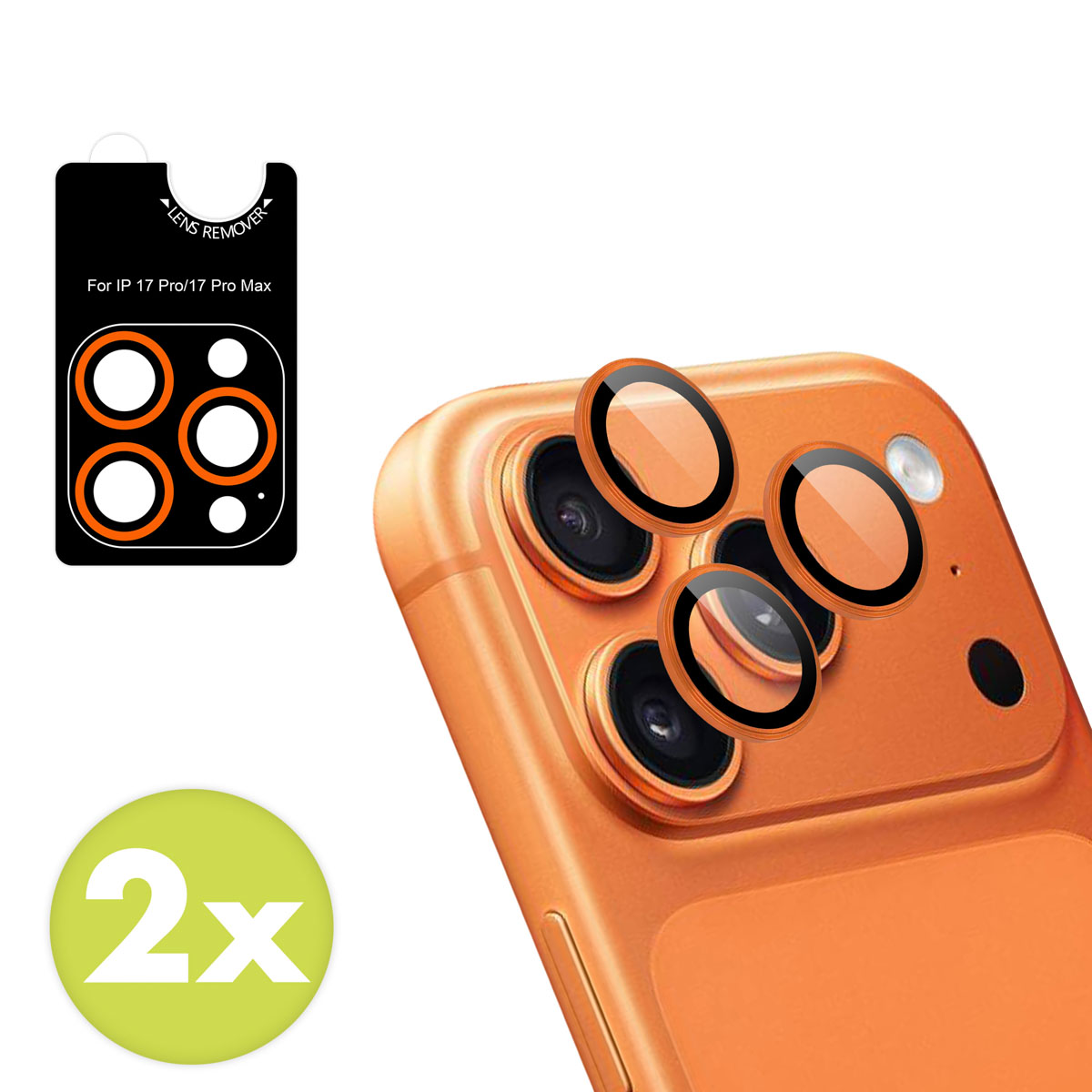 Oranje telefoon met cameralenzen en schermbeschermers ernaast.