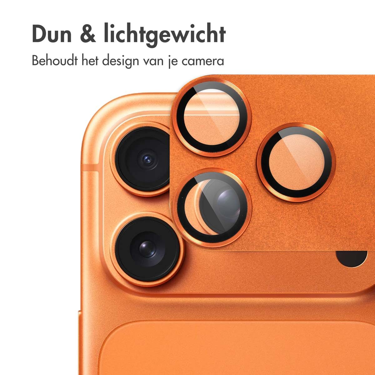 Smartphone orange avec protecteurs d'objectifs de caméra triples.
