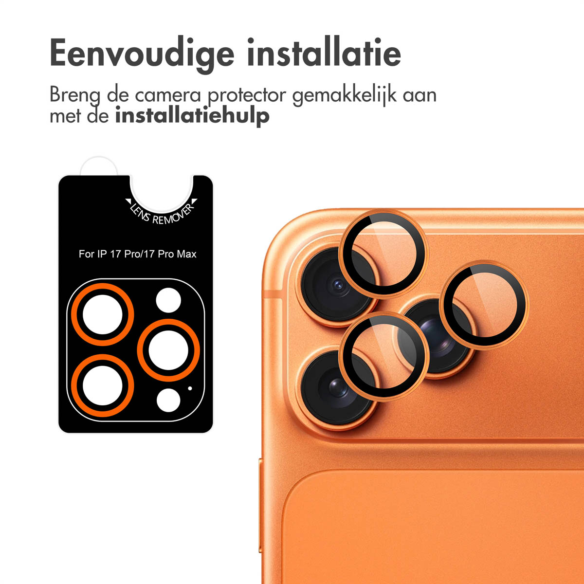 Oranje telefoonachterkant met cameralenzen en beschermers. Installatiehulp.