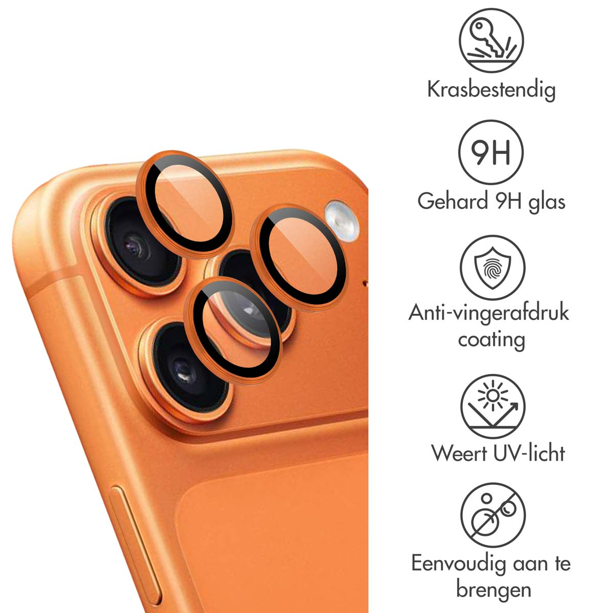 Oranje telefoon met drie cameralensbeschermers.