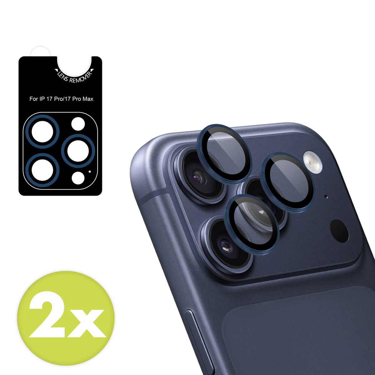 Zwarte verpakking met cameralensbeschermers voor iPhone 17 Pro/Max. 2x sticker.