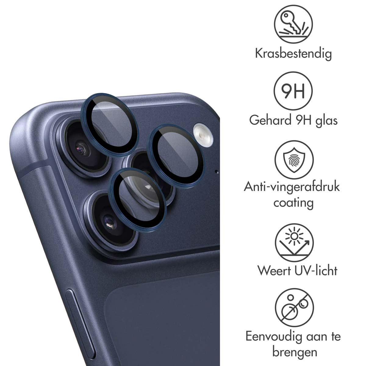 Drie krasbestendige cameralensbeschermers voor een smartphone.