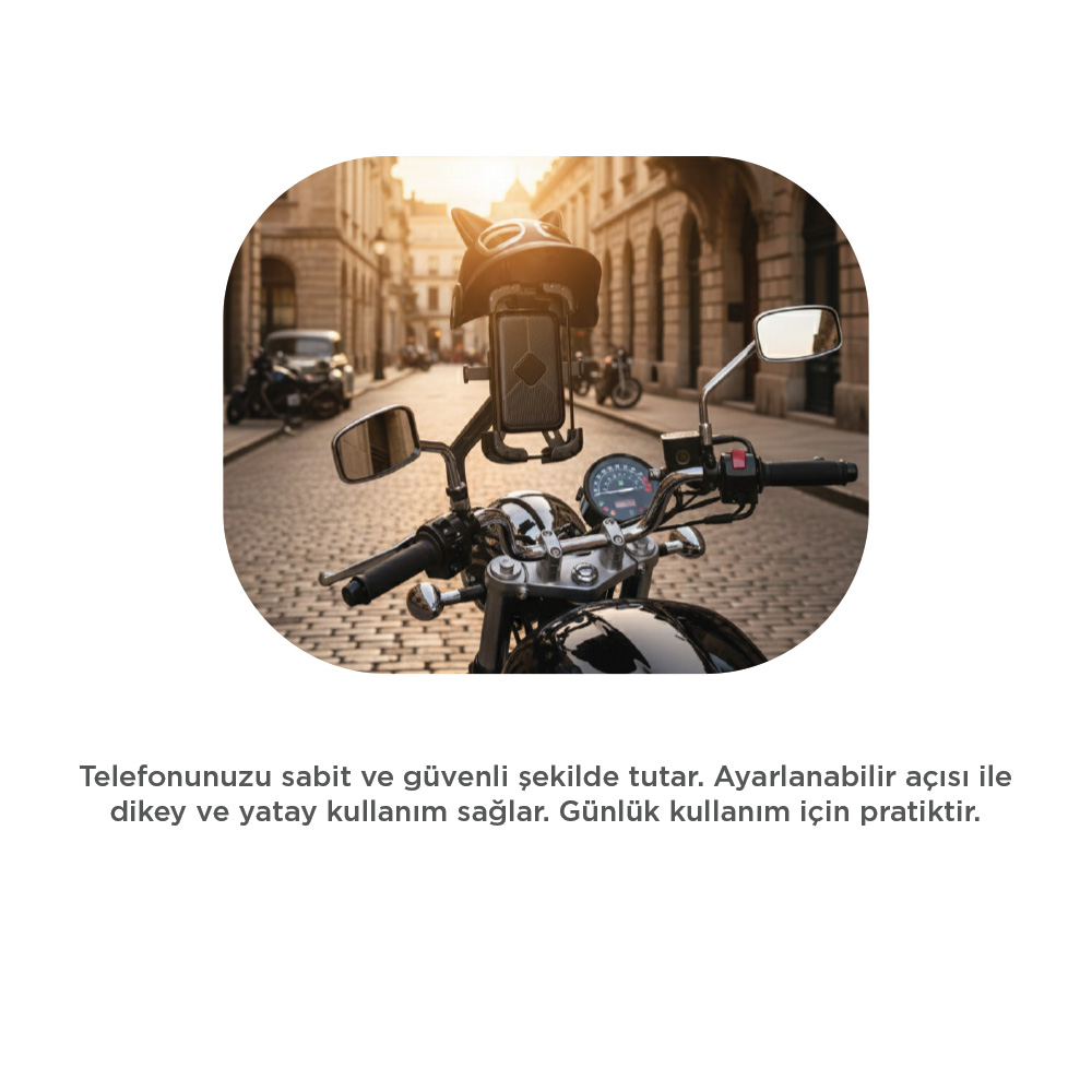 Binaların olduğu bir caddede motosiklet telefon tutucu.