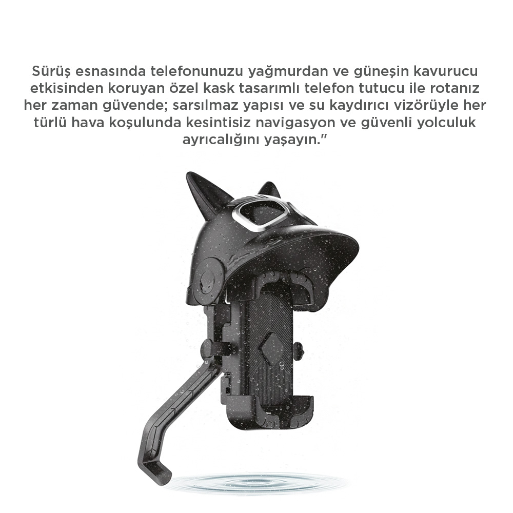 Siyah kask telefon tutucu vizörlü, yağmur ve güneşten korur.