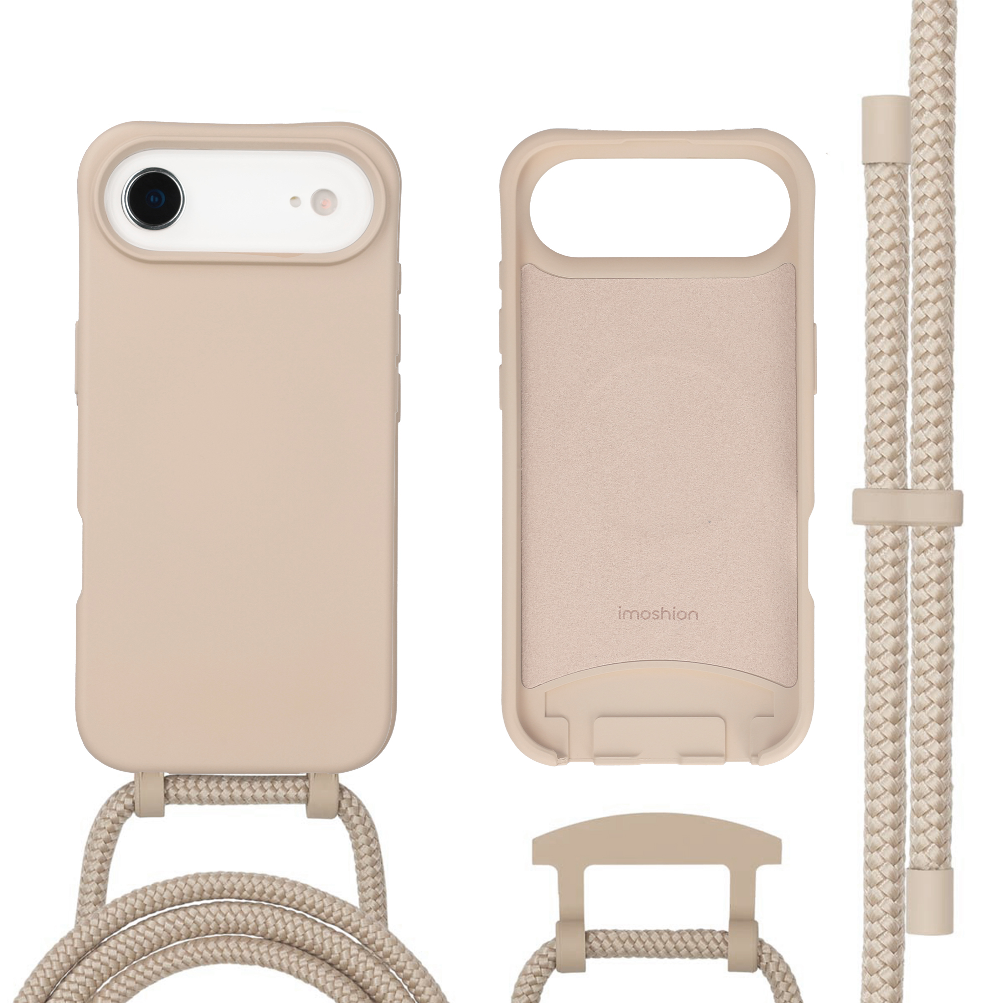 Beige telefoonhoes met camerabescherming en draagkoord.