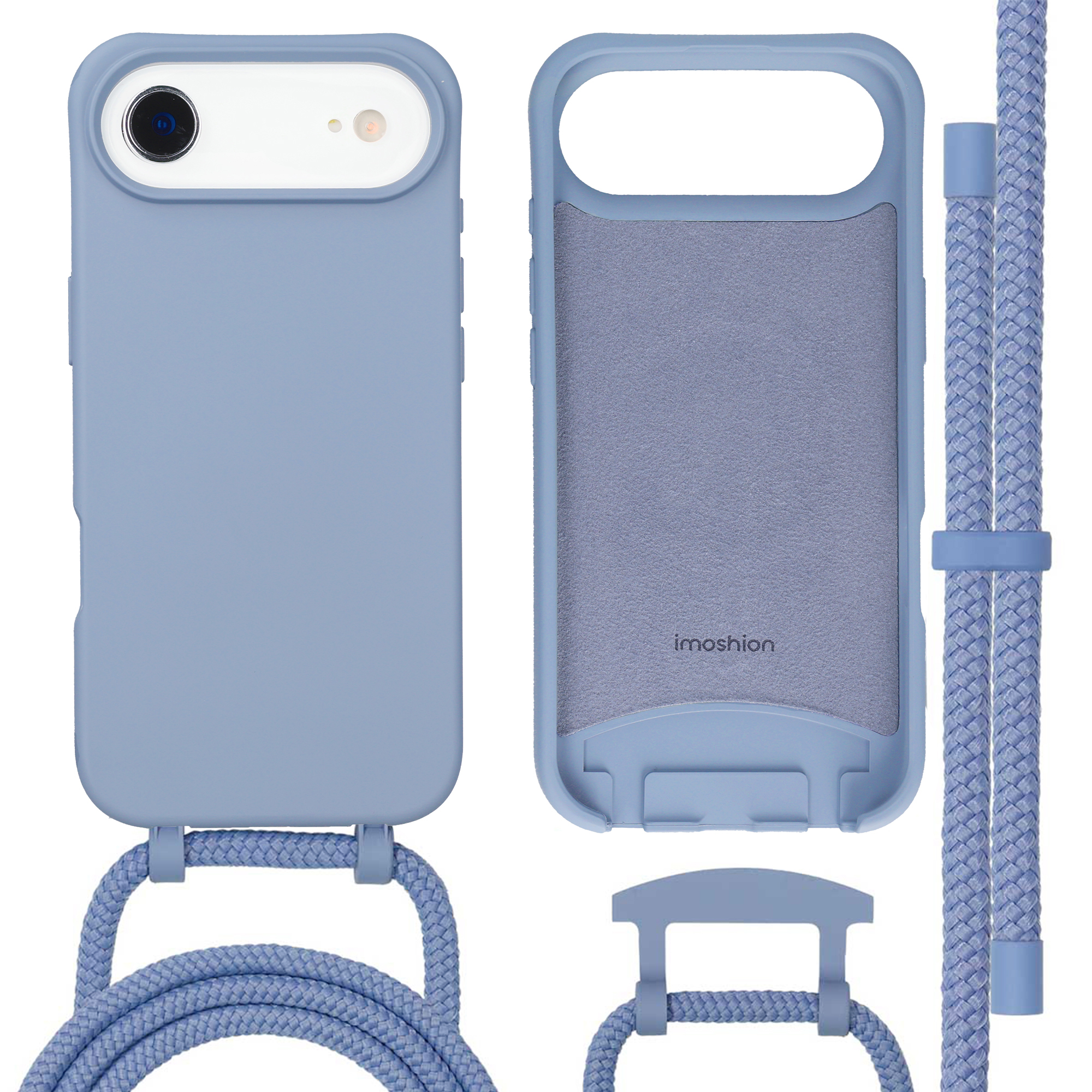 Blauw telefoonhoesje met camerabescherming en koord. Grijze binnenvoering.