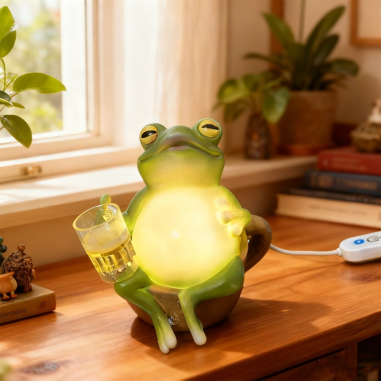 Eine leuchtende Froschfigur mit einem Glas Bier sitzt auf einer braunen Tasse.