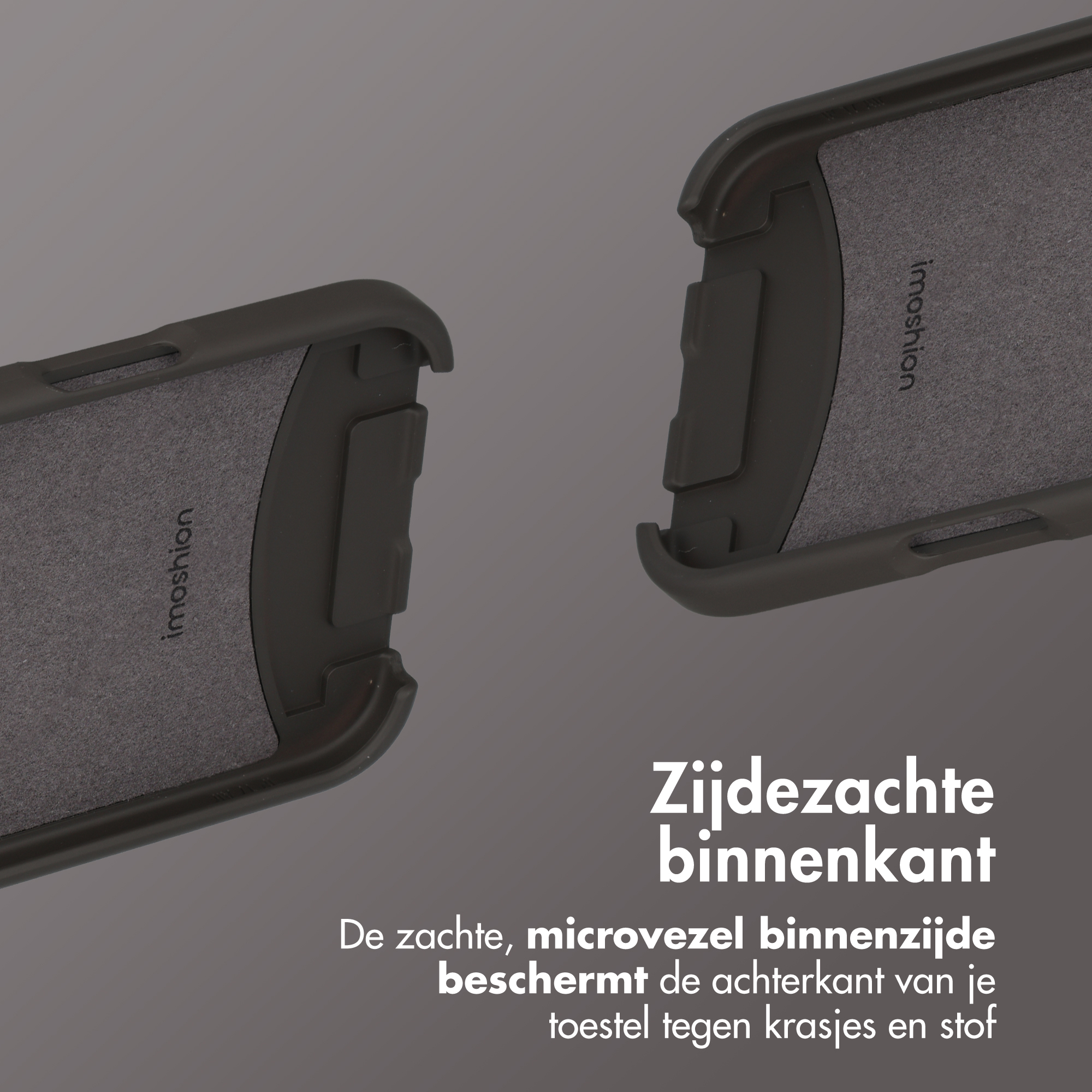 Twee donkere telefoonhoesjes met zachte binnenkant op grijze achtergrond.