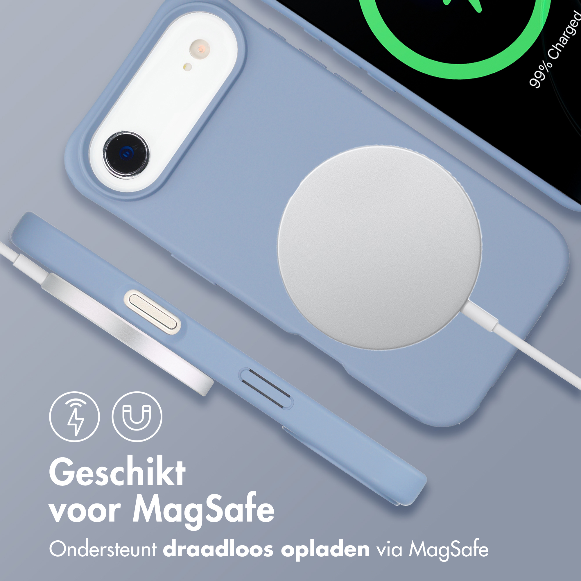 Een blauwe telefoon met MagSafe lader en laadindicator (99%).