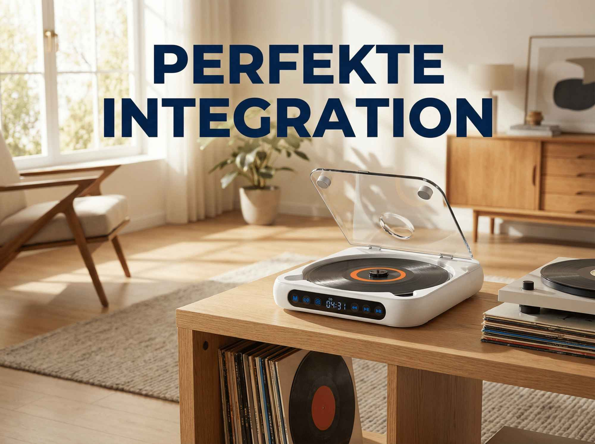 Ein Plattenspieler spielt eine Schallplatte auf einem Holztisch. Text: PERFEKTE INTEGRATION.