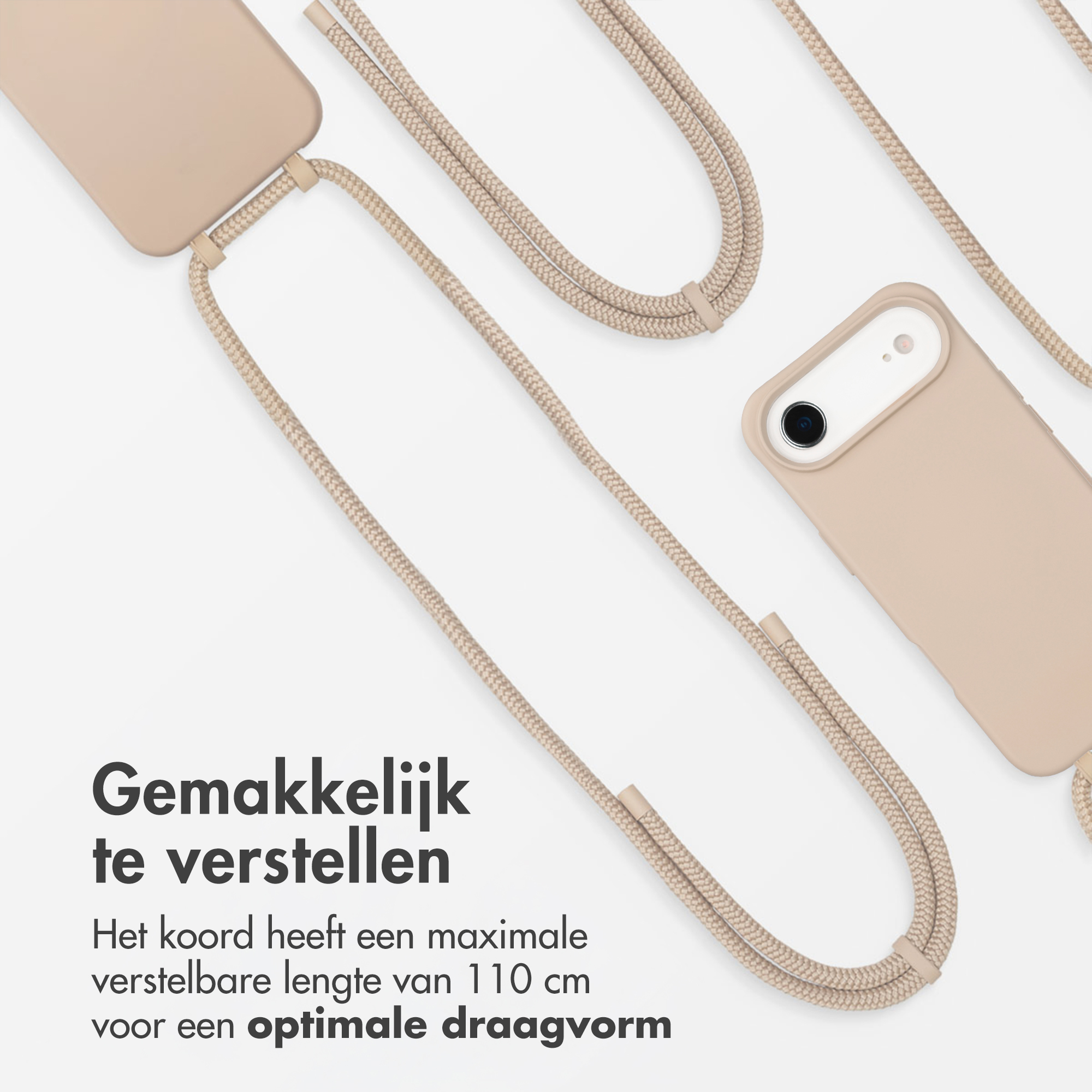 Een beige telefoonhoes met verstelbaar koord.