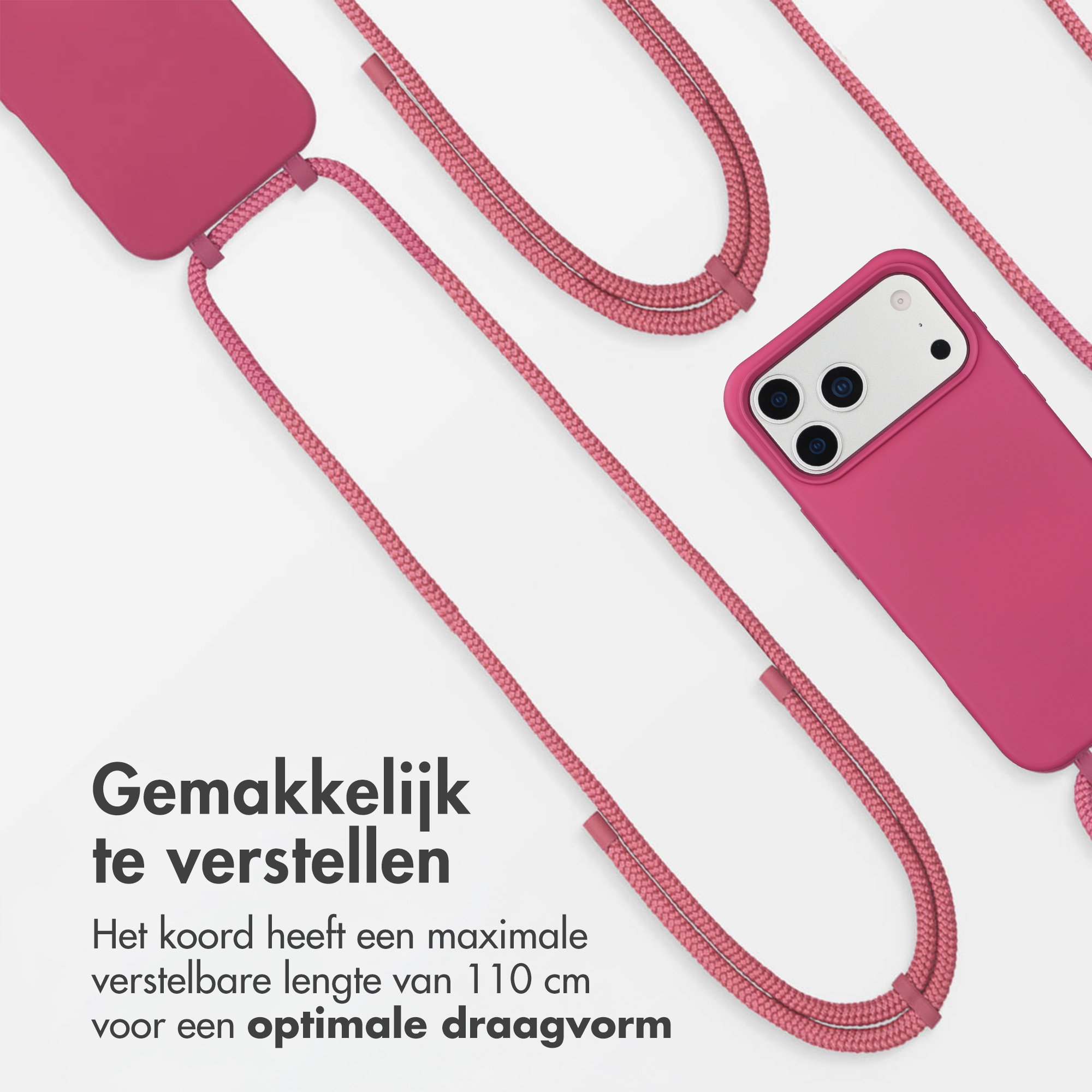 Une coque de téléphone rose avec cordon. Réglable jusqu'à 110 cm.