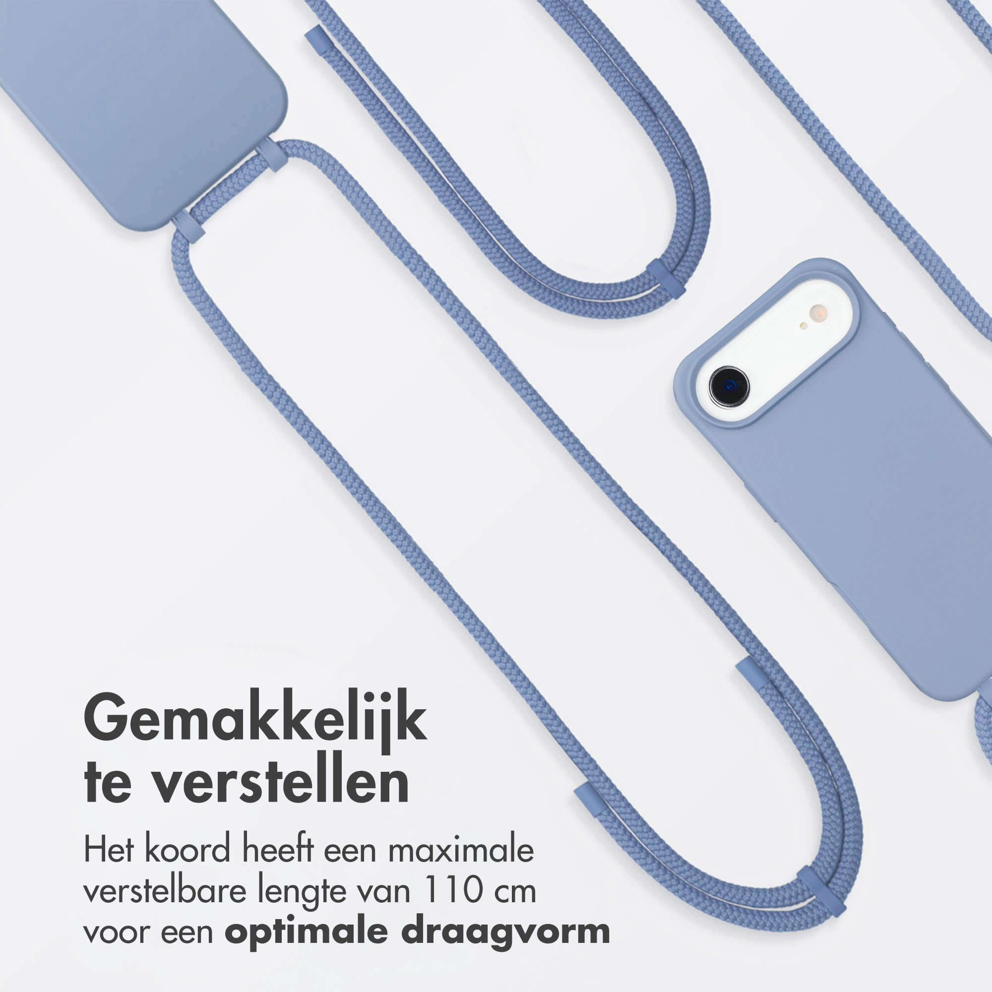 Een blauwe telefoonhoes met een verstelbaar koord.