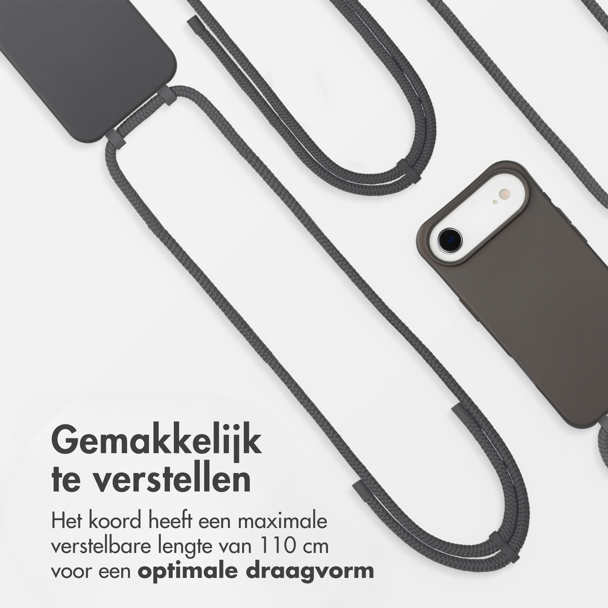 Grijze telefoon met nekkoord. Verstelbaar tot 110 cm.