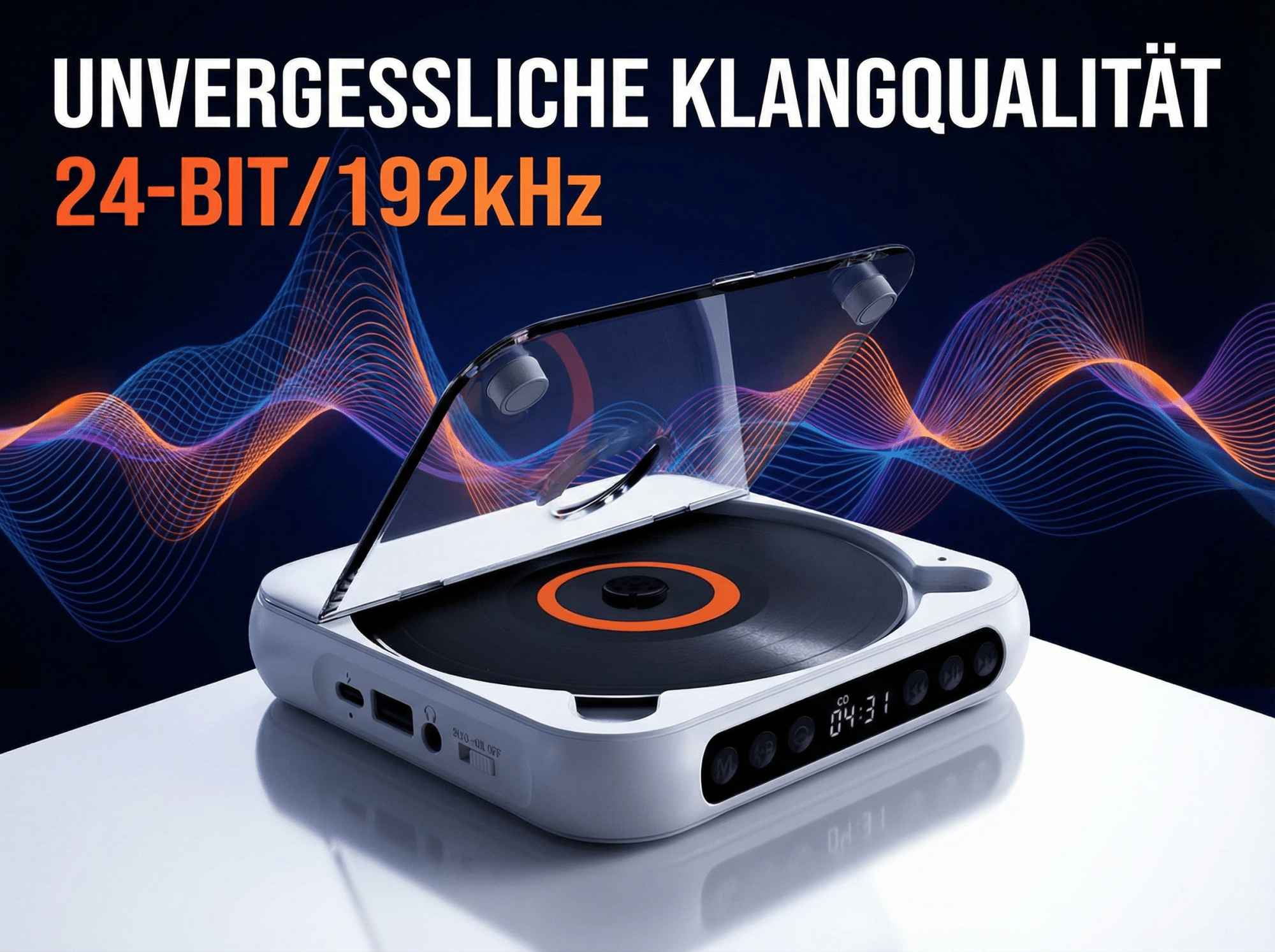 Ein weißer Plattenspieler mit offenem Deckel, der eine CD zeigt. Wellenlinien im Hintergrund.