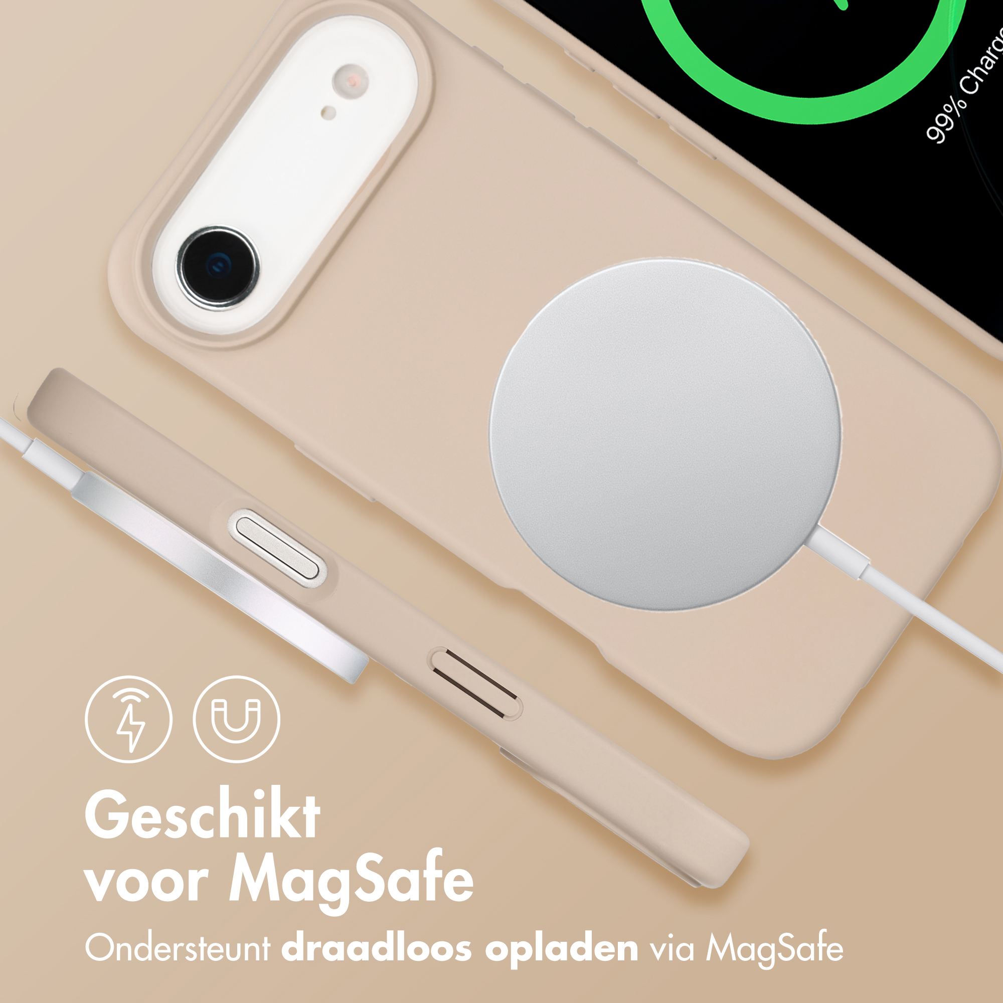 Licht beige telefoonhoes met MagSafe lader en kabel. Tekst: "Geschikt voor MagSafe".