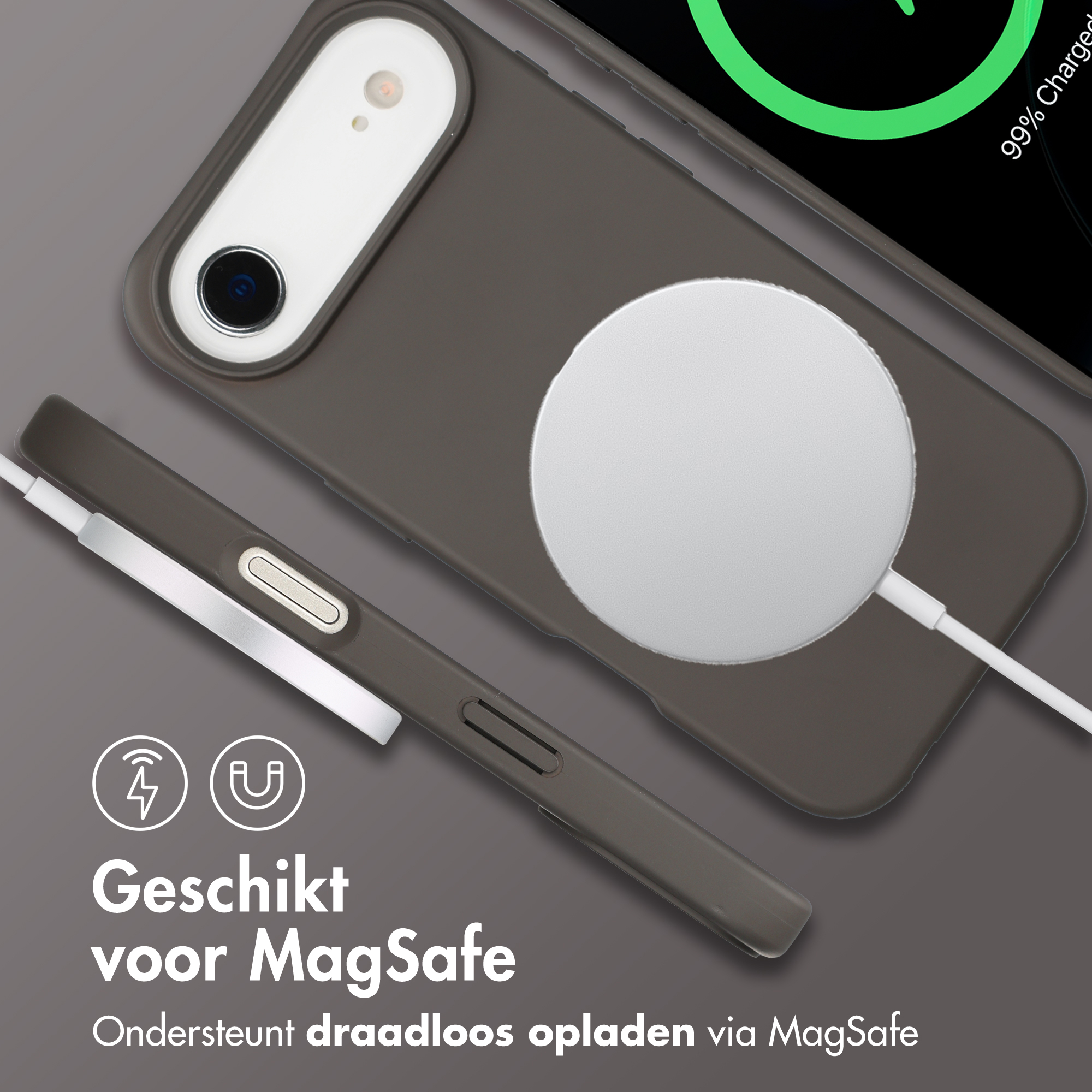 Grijze telefoonhoes met MagSafe lader en laadindicator.