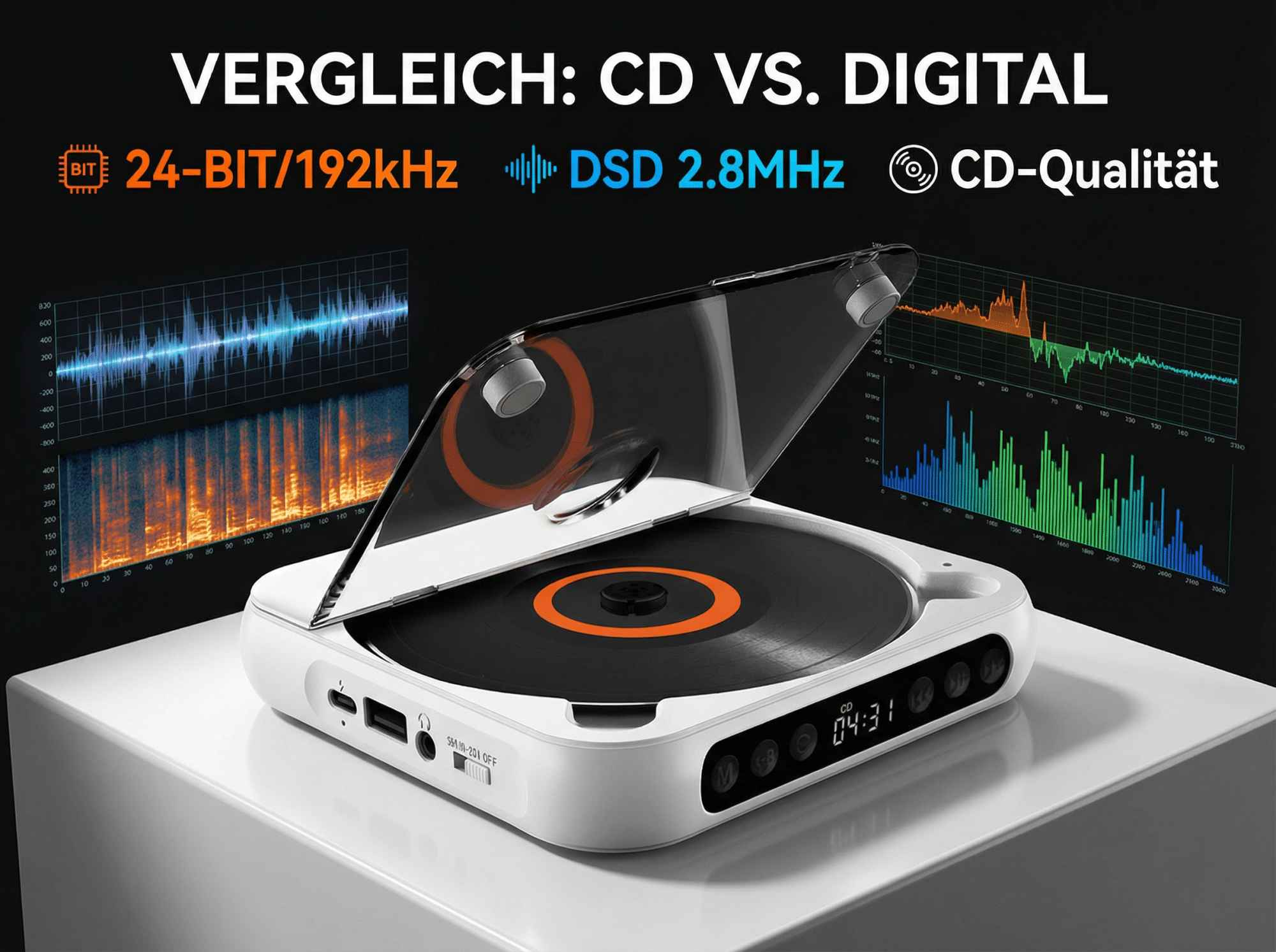 Weißer CD-Player mit geöffnetem Deckel, zeigt eine CD mit orangefarbenem Ring. Grafiken im Hintergrund.