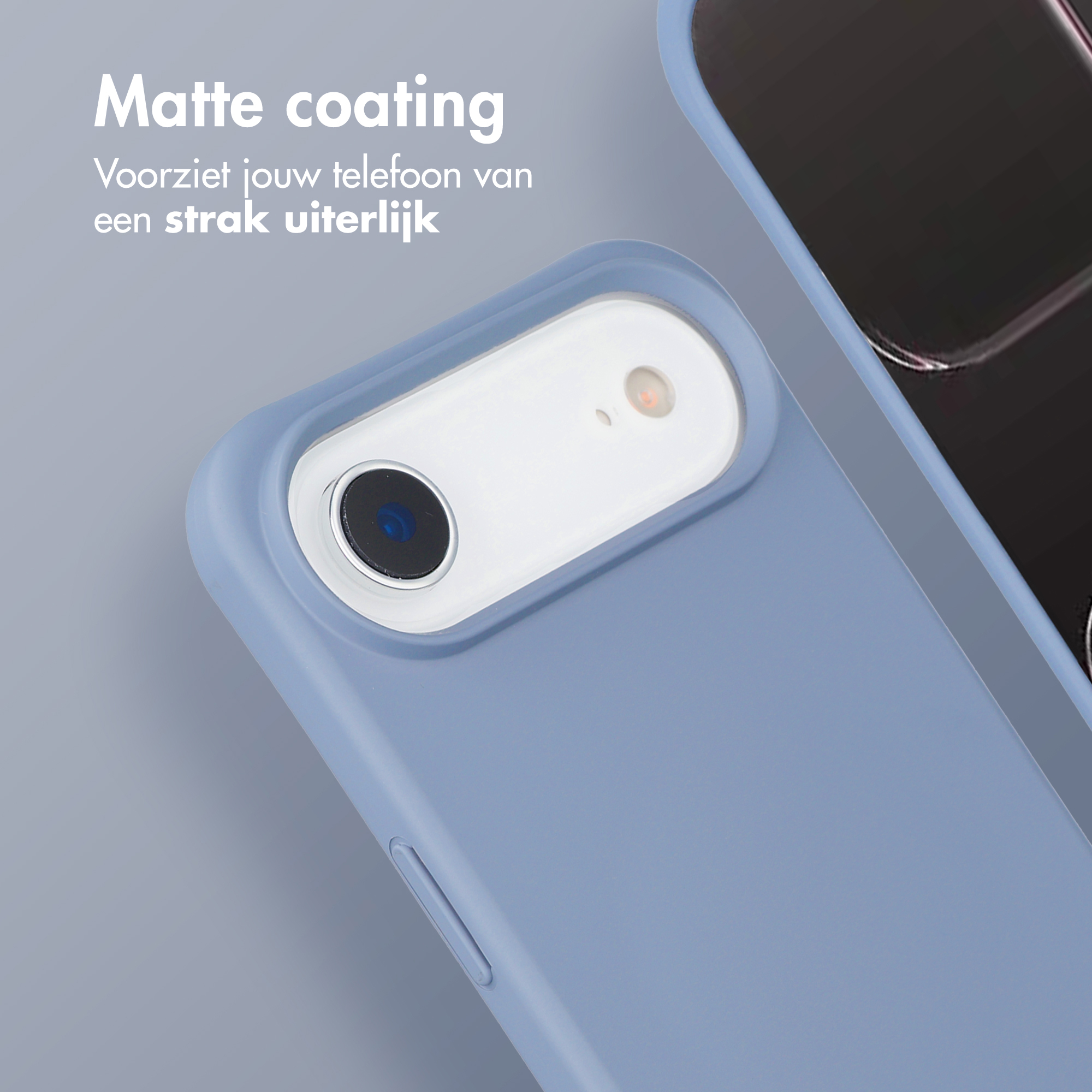 Een blauwe telefoonhoes met cameralens en flitser.