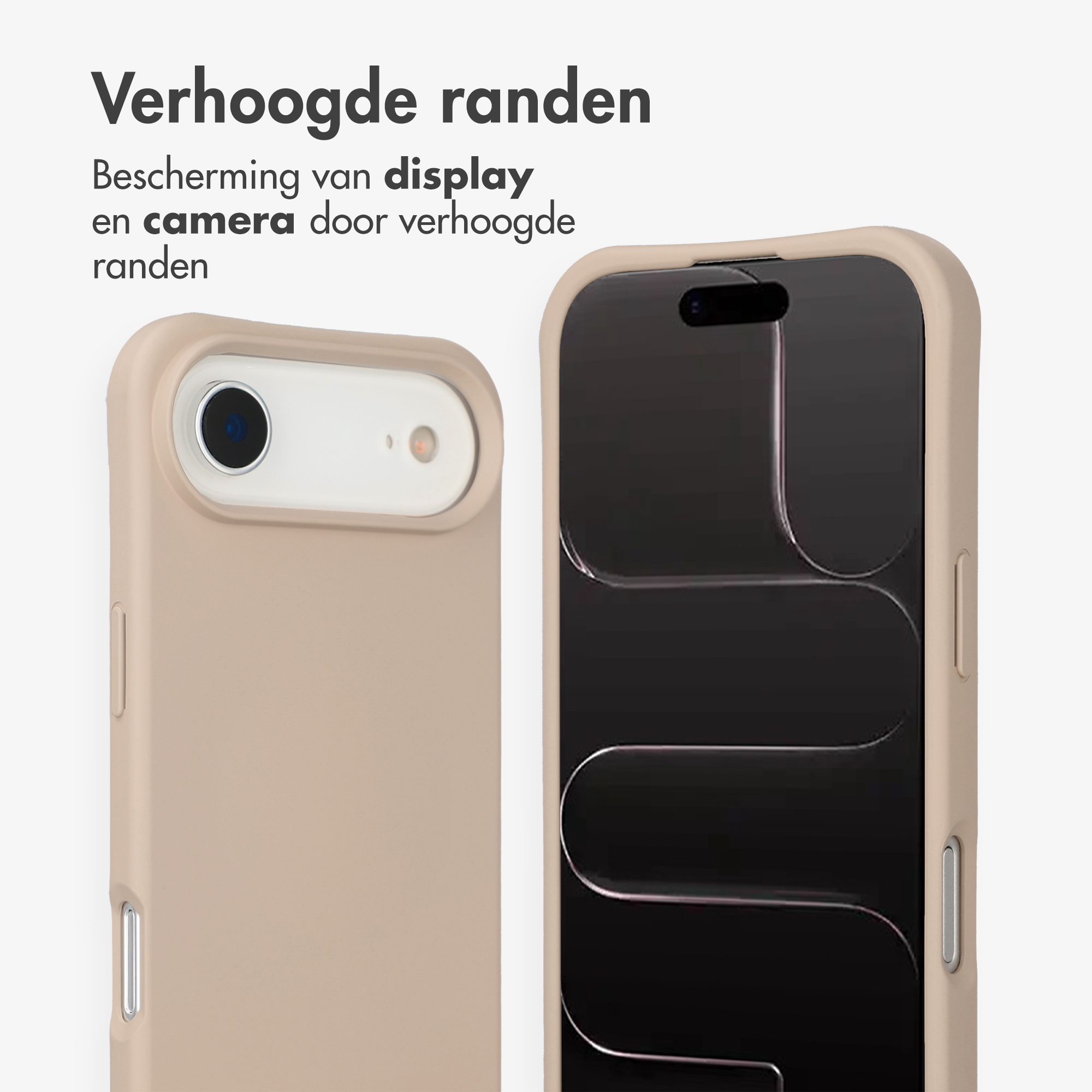 Twee beige telefoonhoesjes, één met camera, de ander met zwart scherm.