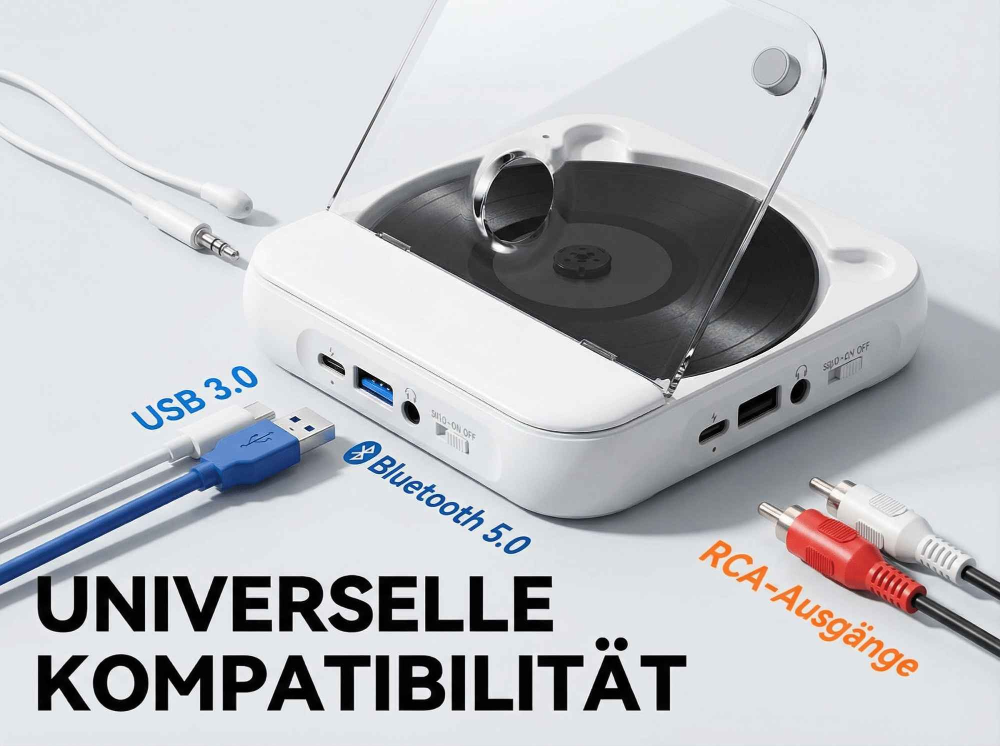 Ein weißer Plattenspieler mit USB, Bluetooth und RCA-Anschlüssen.